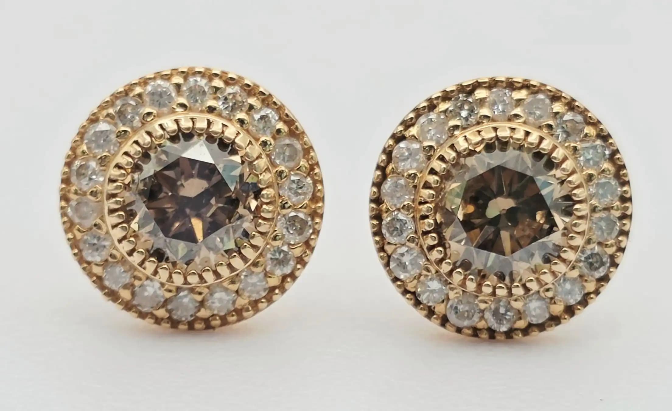 Brown Diamond Halo Stud Earrings with Secure Screw Back
