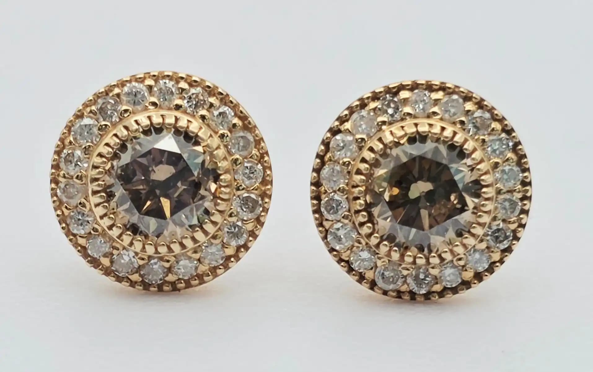 Brown Diamond Halo Stud Earrings with Secure Screw Back