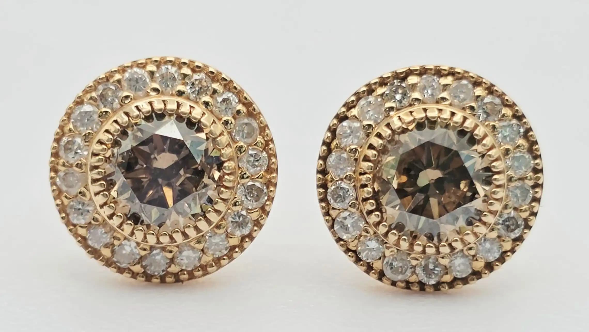 Brown Diamond Halo Stud Earrings with Secure Screw Back