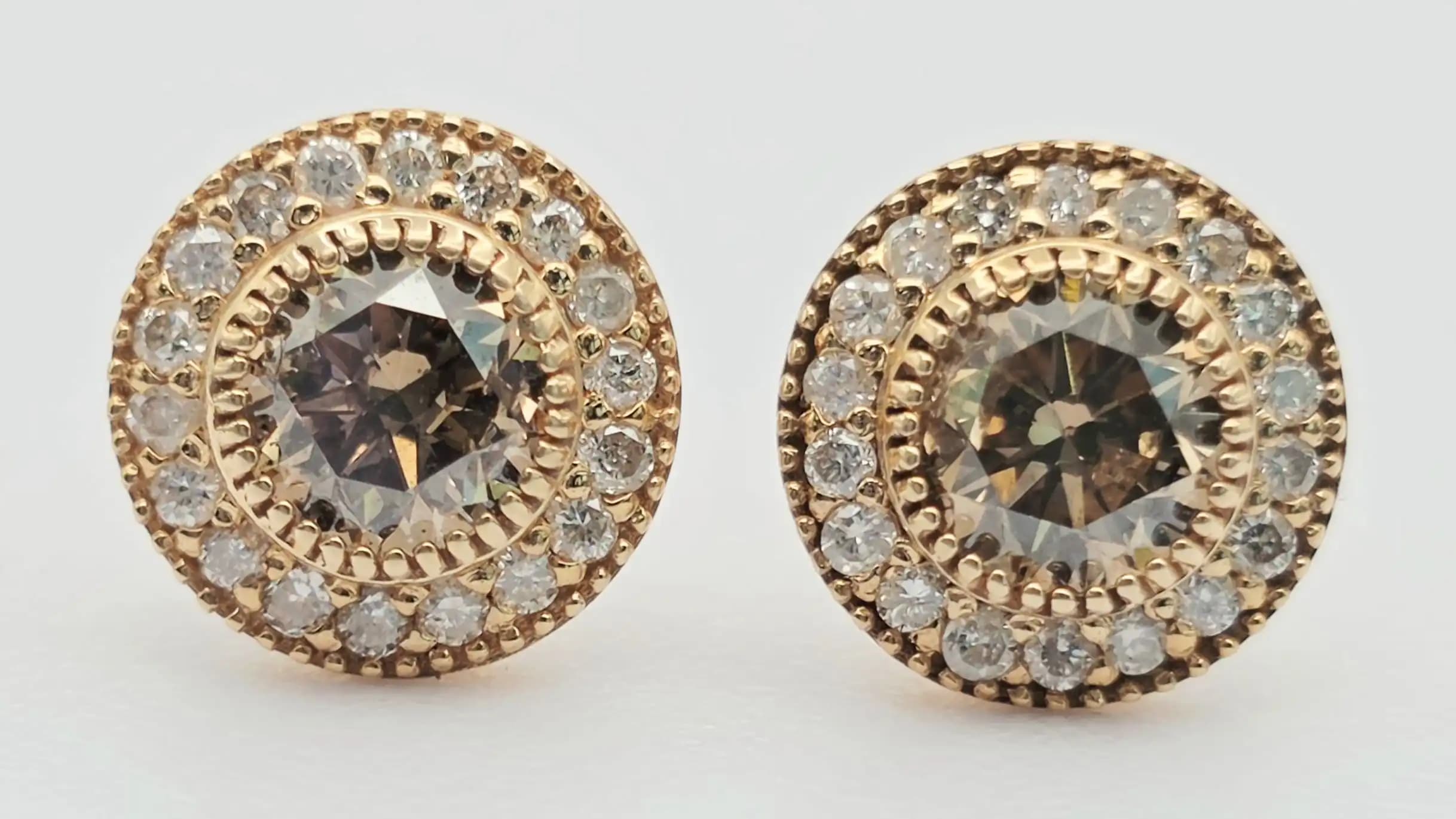 Brown Diamond Halo Stud Earrings with Secure Screw Back