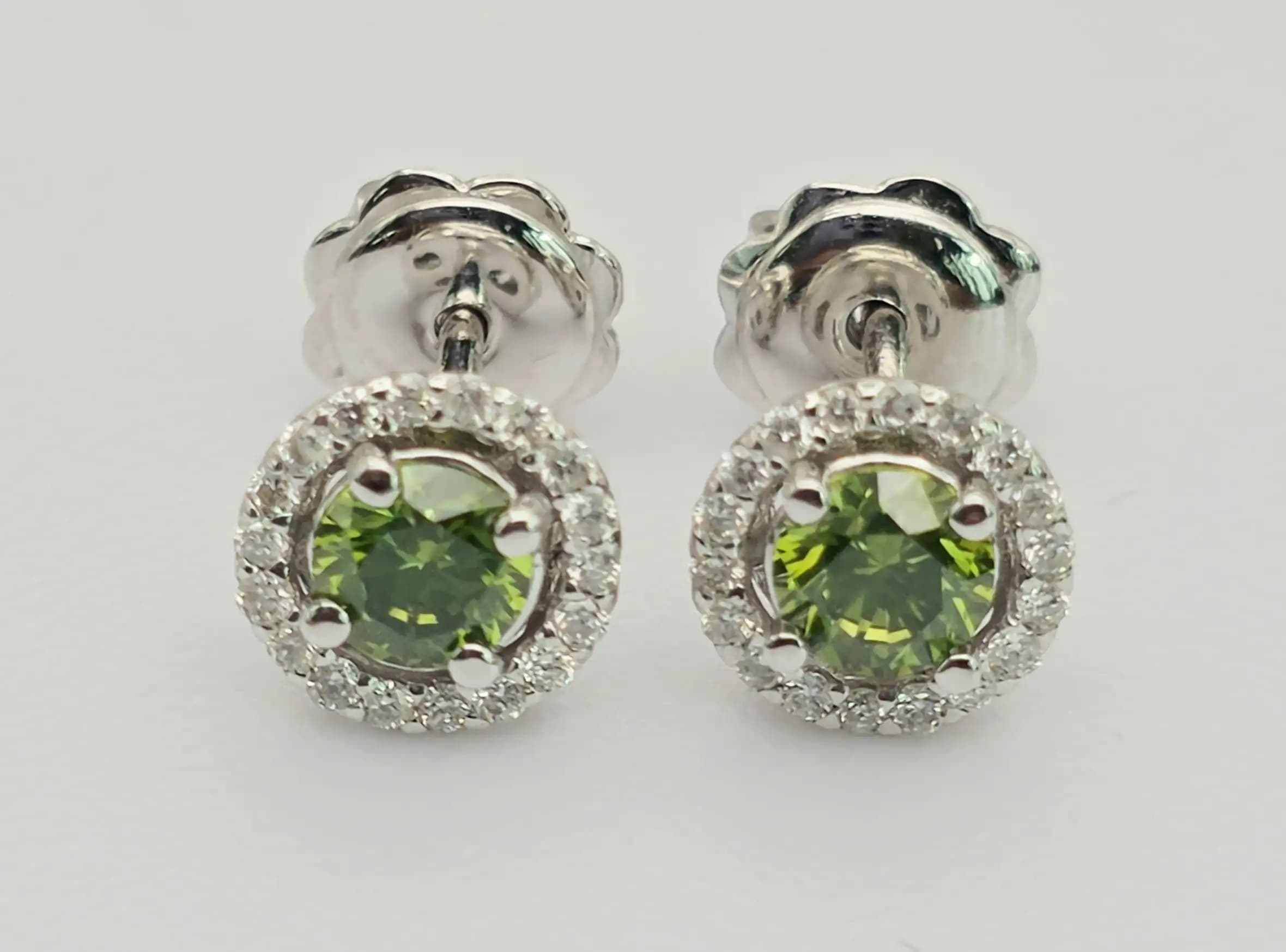 0.65 cts round natural green diamond halo stud earrings in 14K white gold
