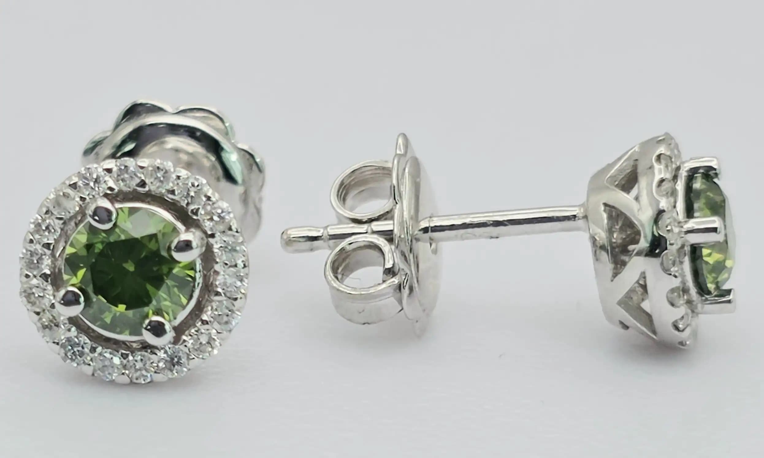 0.65 cts round natural green diamond halo stud earrings in 14K white gold