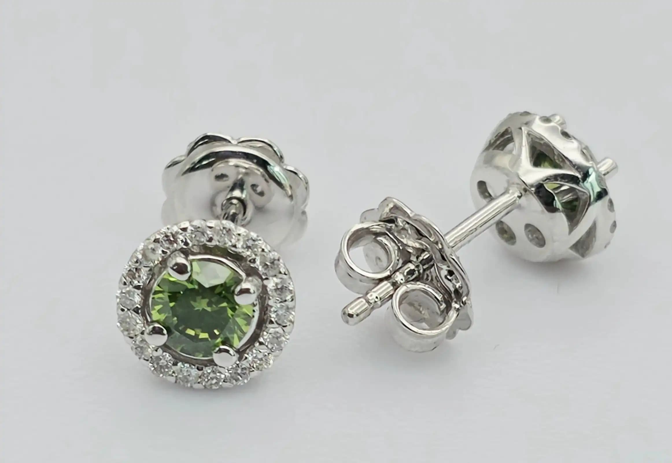 0.65 cts round natural green diamond halo stud earrings in 14K white gold