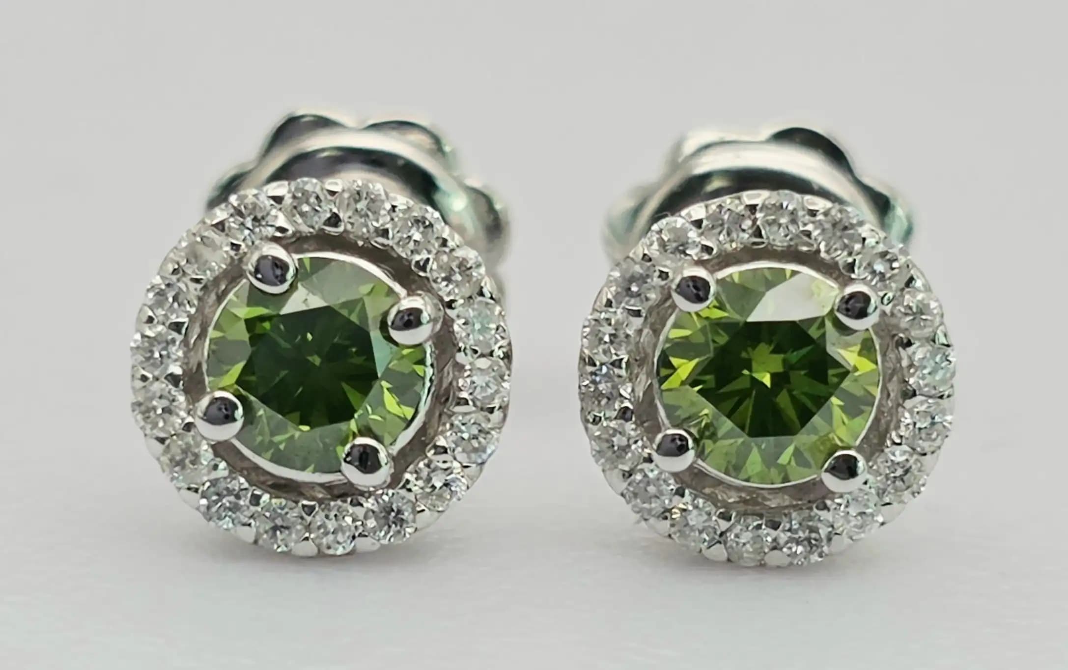 0.65 cts round natural green diamond halo stud earrings in 14K white gold