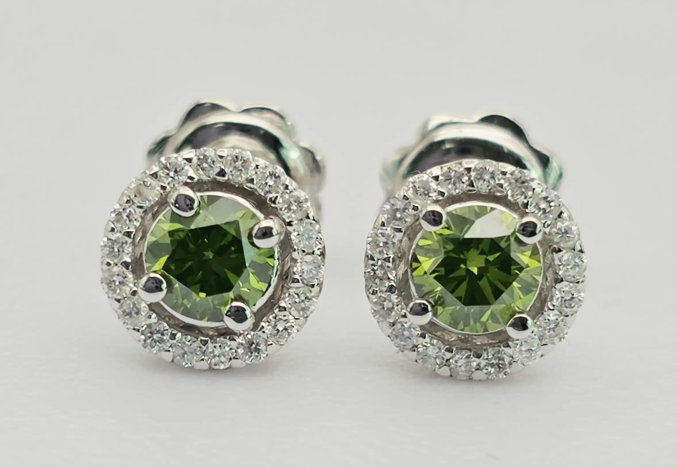 0.65 cts round natural green diamond halo stud earrings in 14K white gold