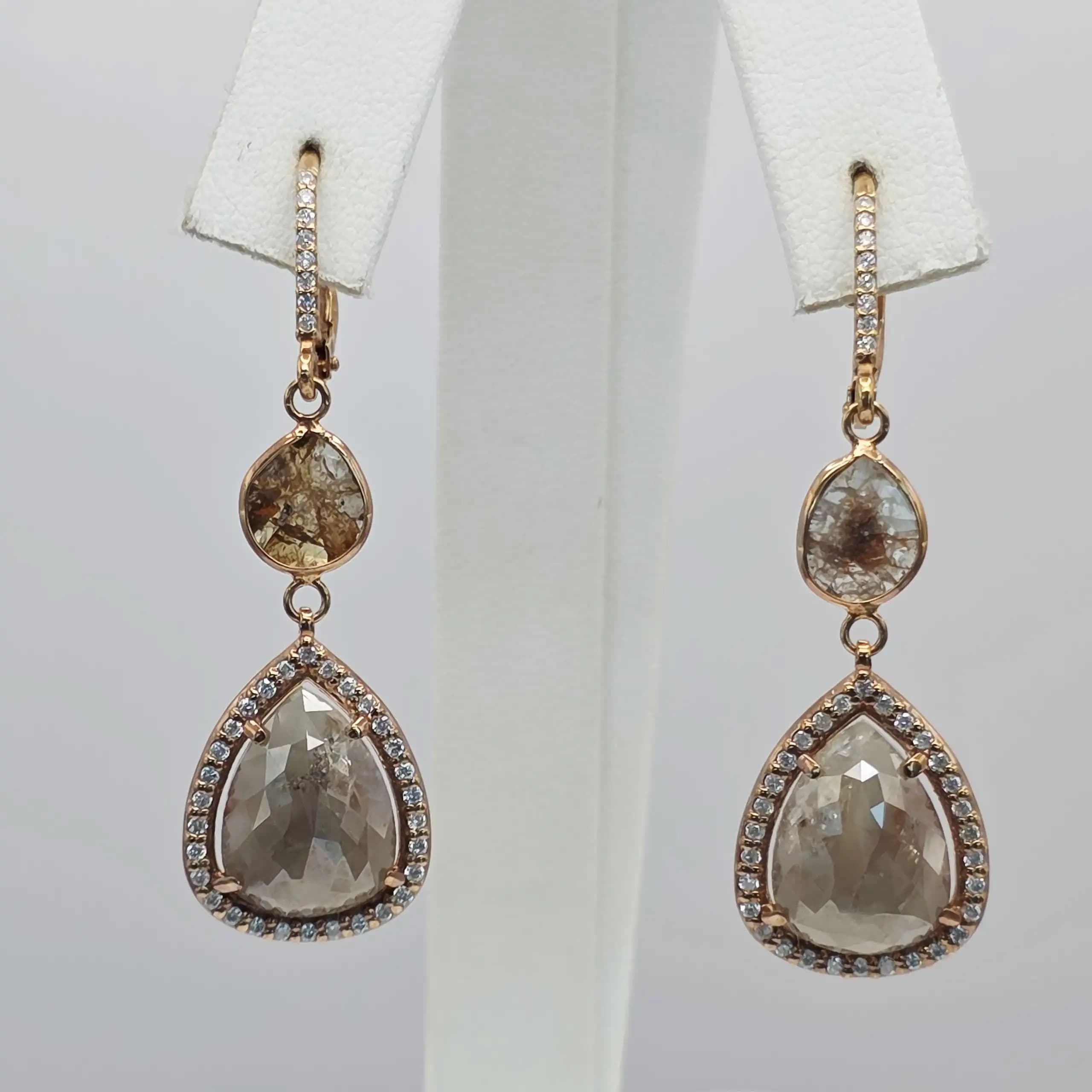 10.90 cts pear rose cut natural diamond double drop earrings in 14K rose gold