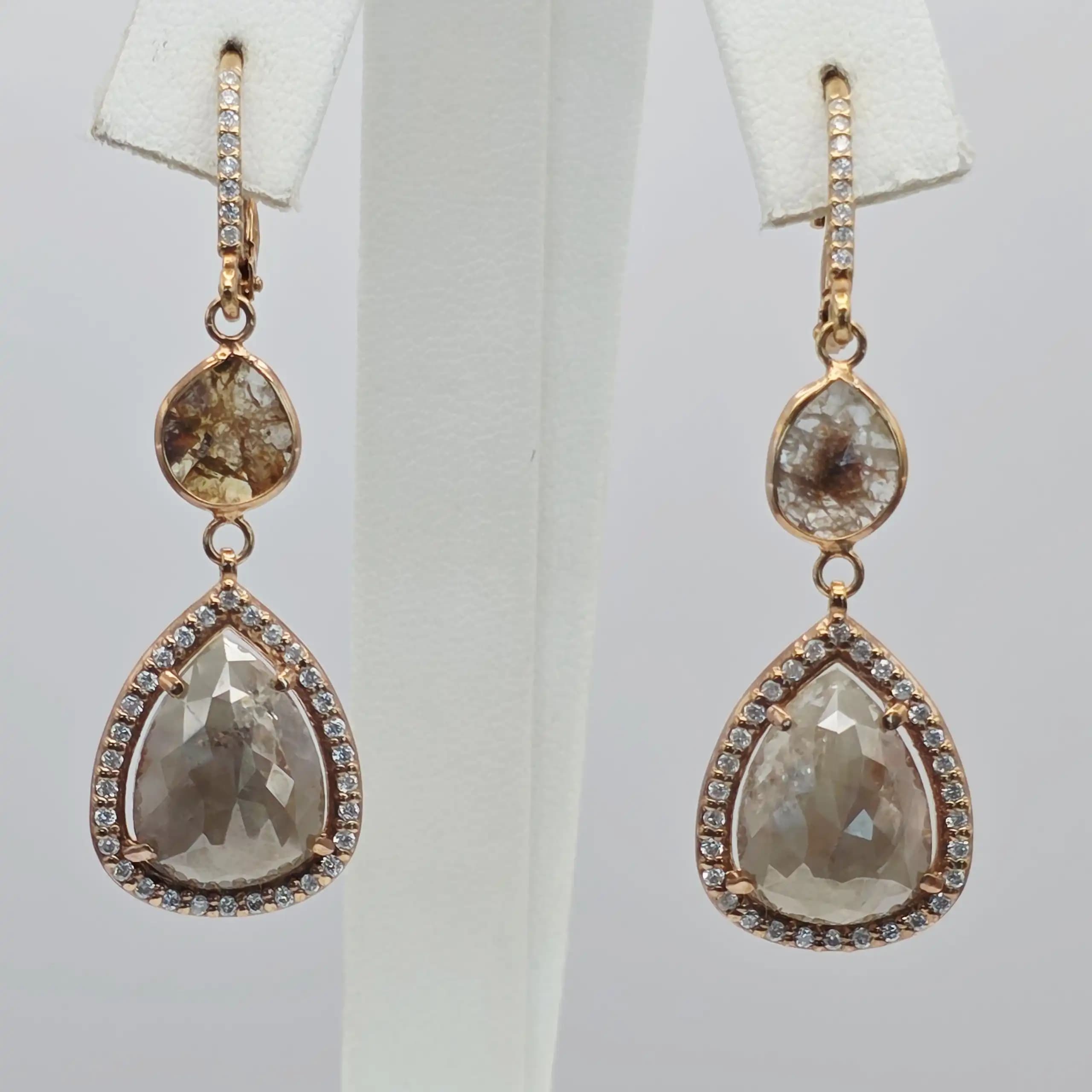 10.90 cts pear rose cut natural diamond double drop earrings in 14K rose gold