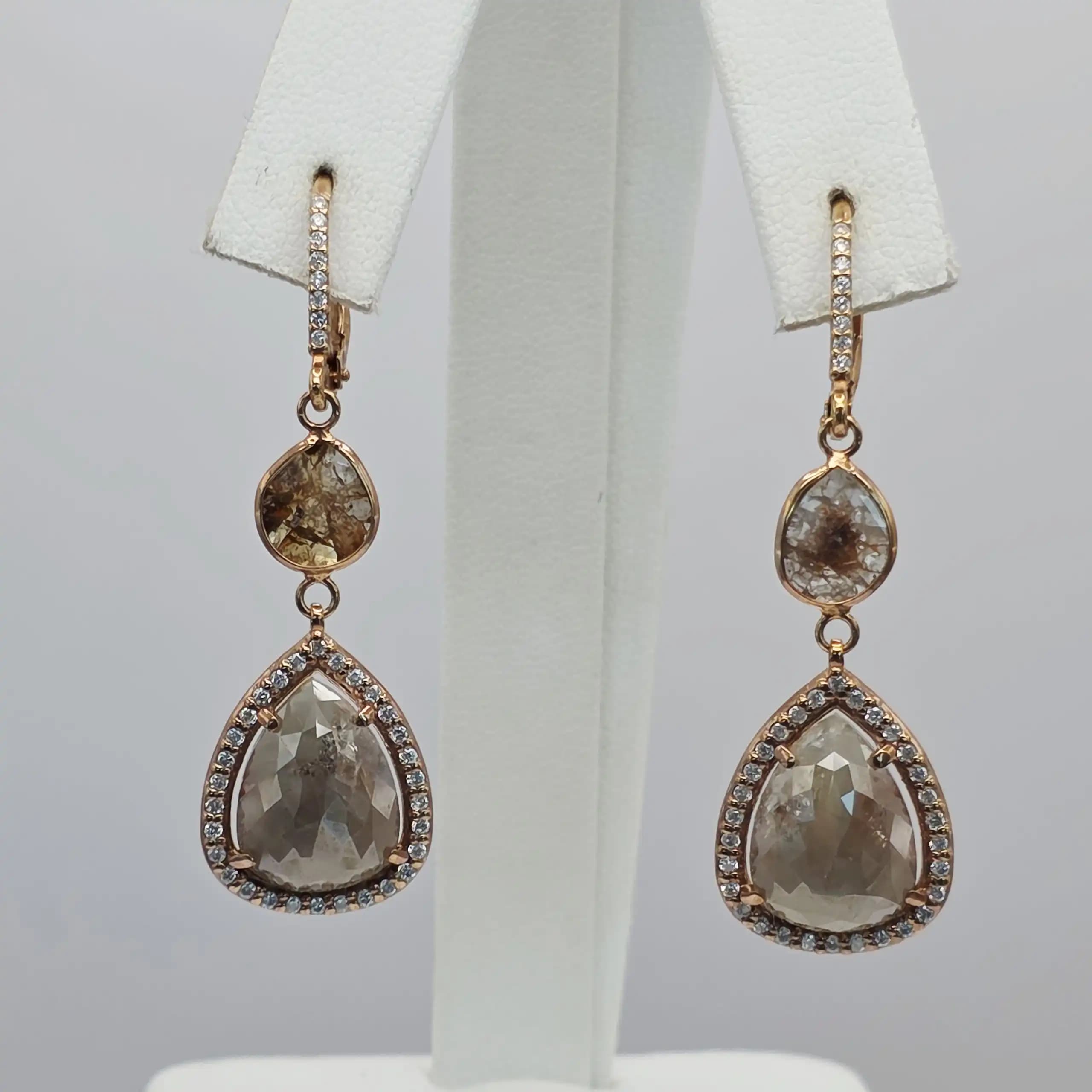 10.90 cts pear rose cut natural diamond double drop earrings in 14K rose gold