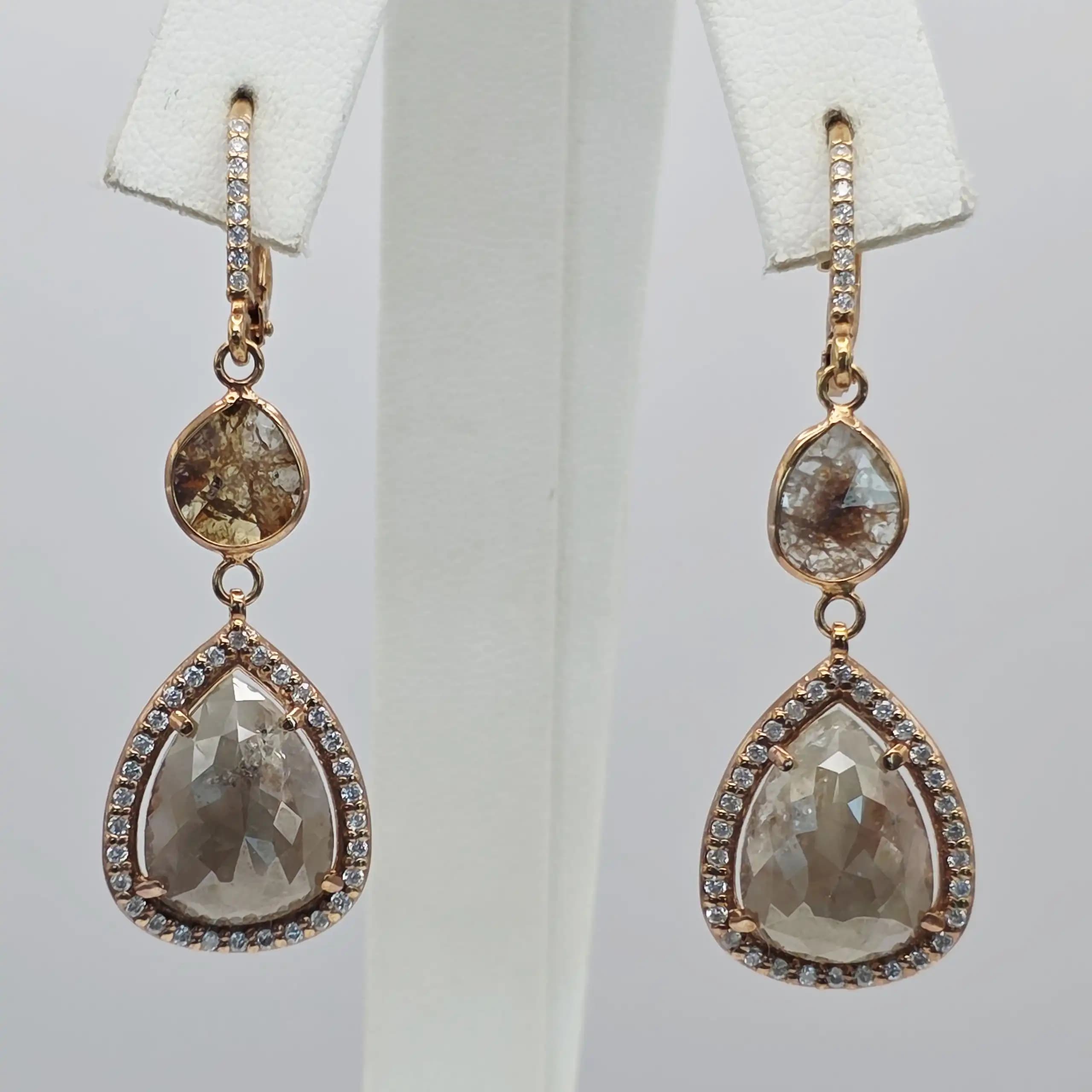 10.90 cts pear rose cut natural diamond double drop earrings in 14K rose gold
