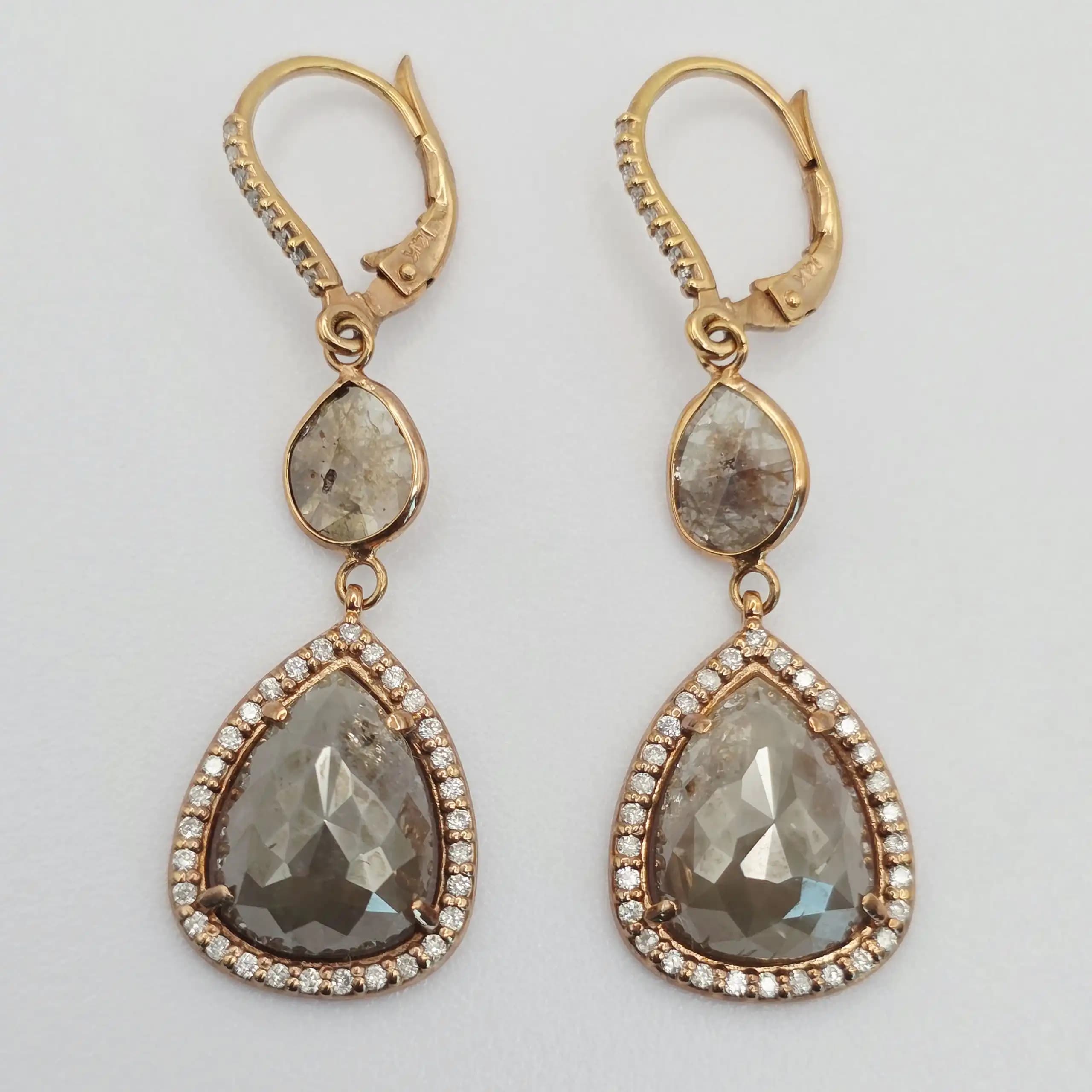 10.90 cts pear rose cut natural diamond double drop earrings in 14K rose gold