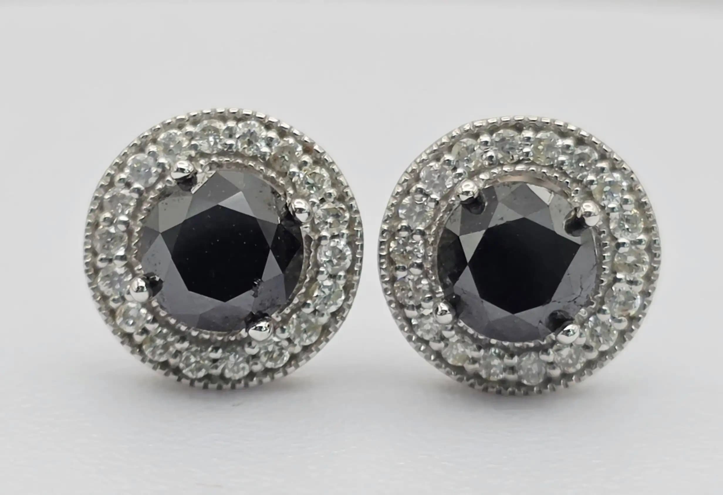 1.76 cts round natural black diamond double halo stud earrings in 14K white gold