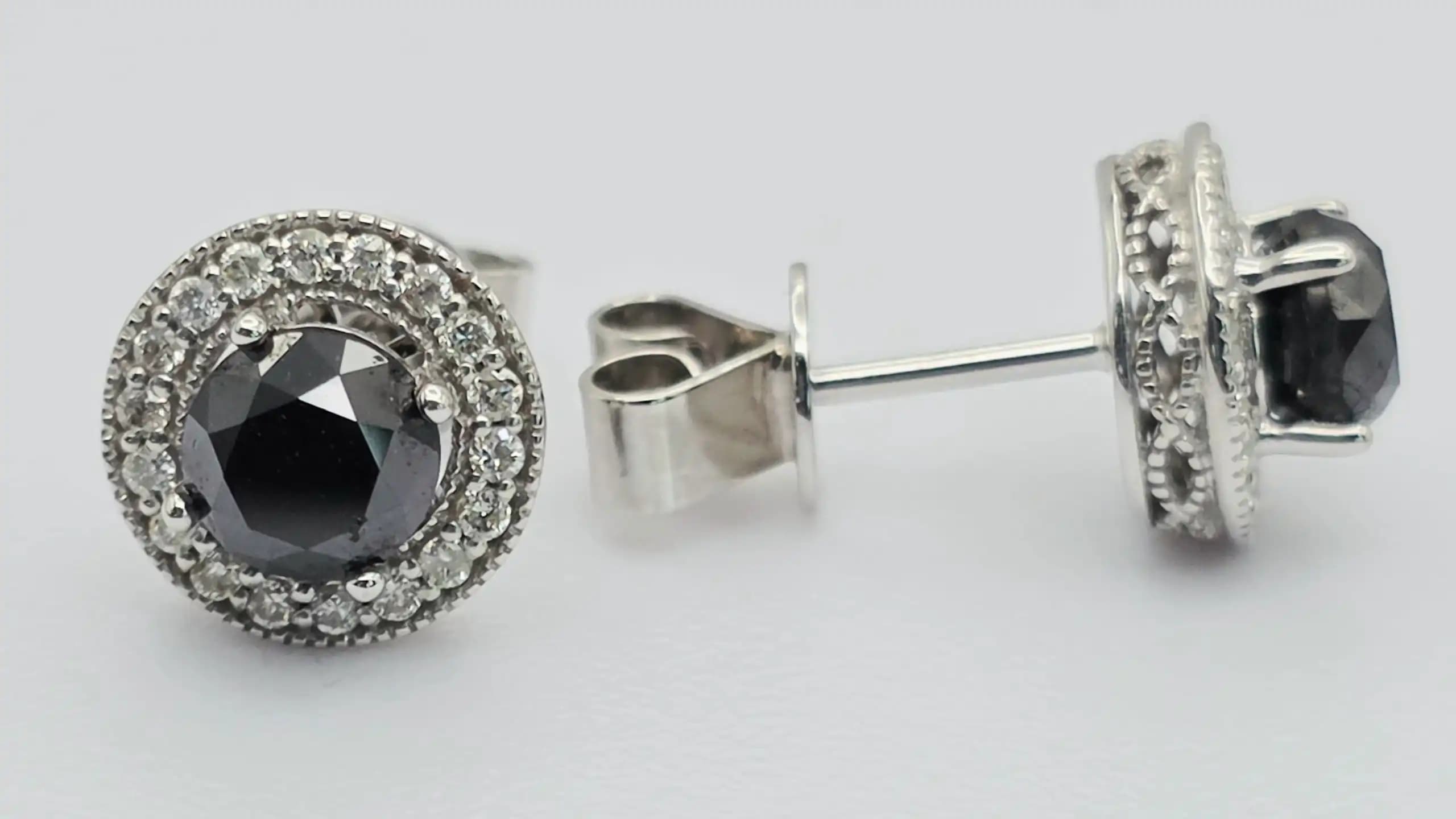 1.76 cts round natural black diamond double halo stud earrings in 14K white gold