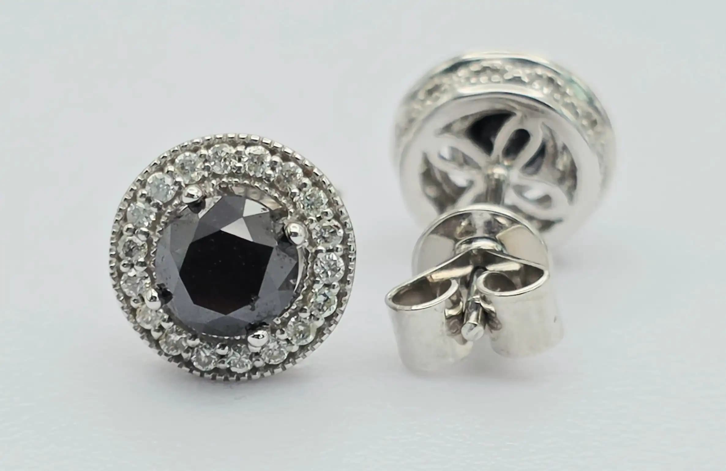 1.76 cts round natural black diamond double halo stud earrings in 14K white gold