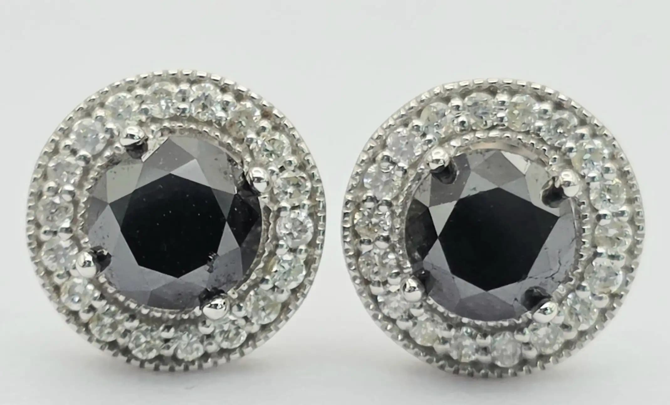 1.76 cts round natural black diamond double halo stud earrings in 14K white gold