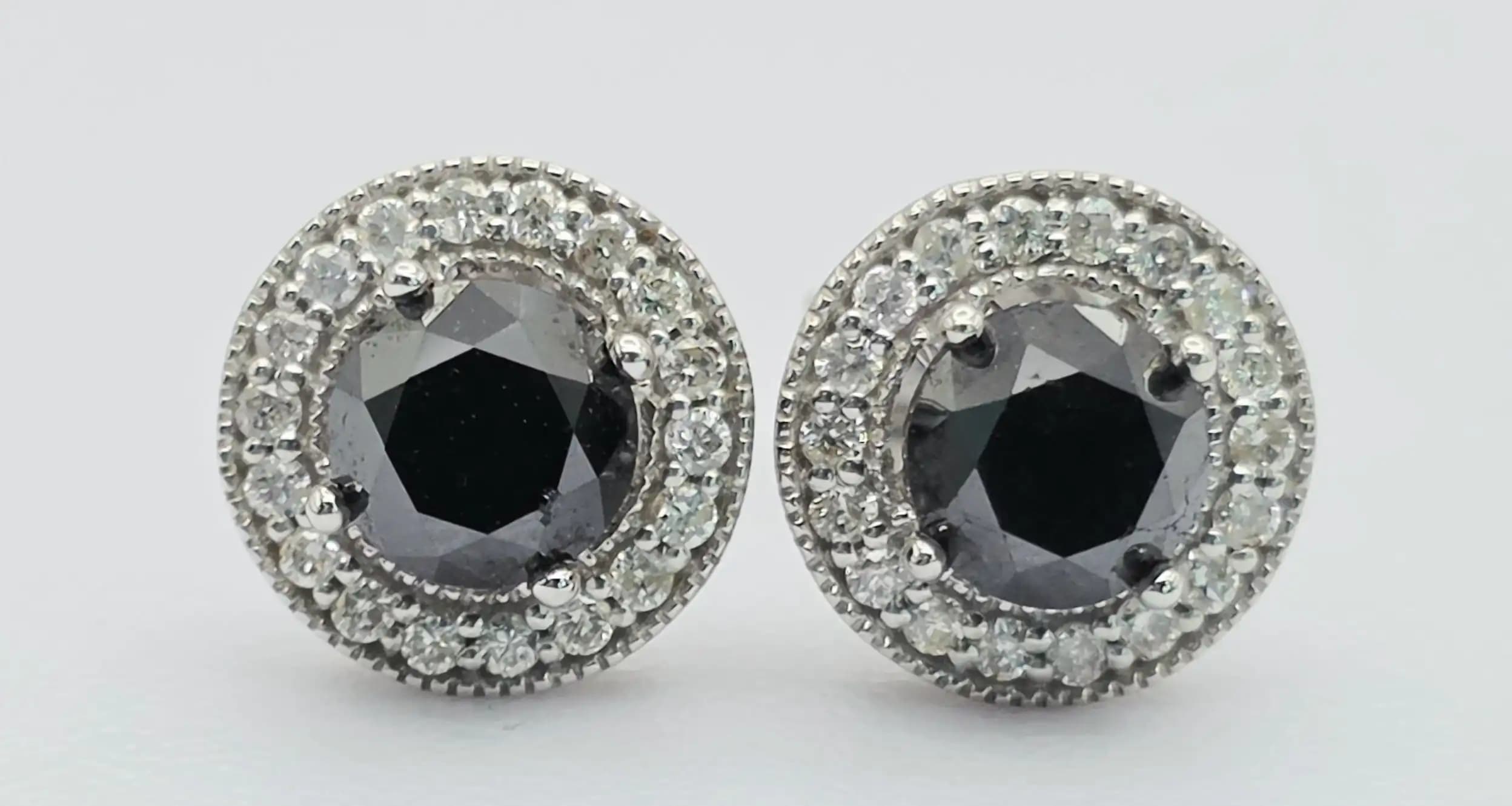 1.76 cts round natural black diamond double halo stud earrings in 14K white gold
