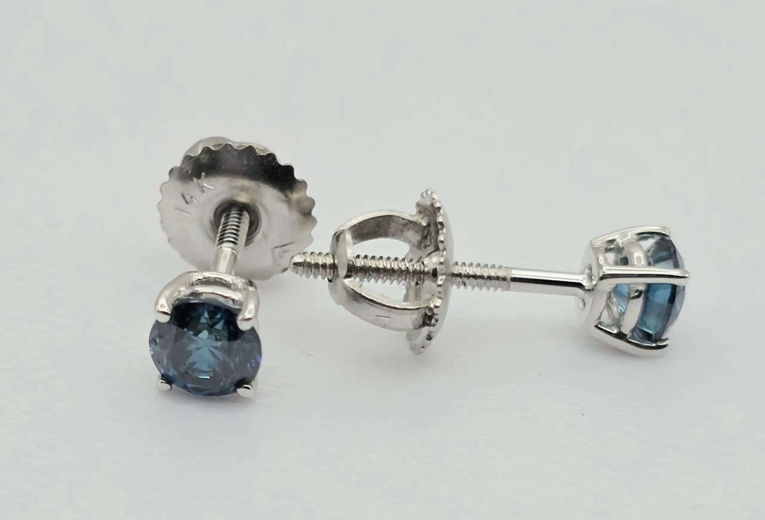 Blue Diamond Stud Earrings with Secure Screw Back