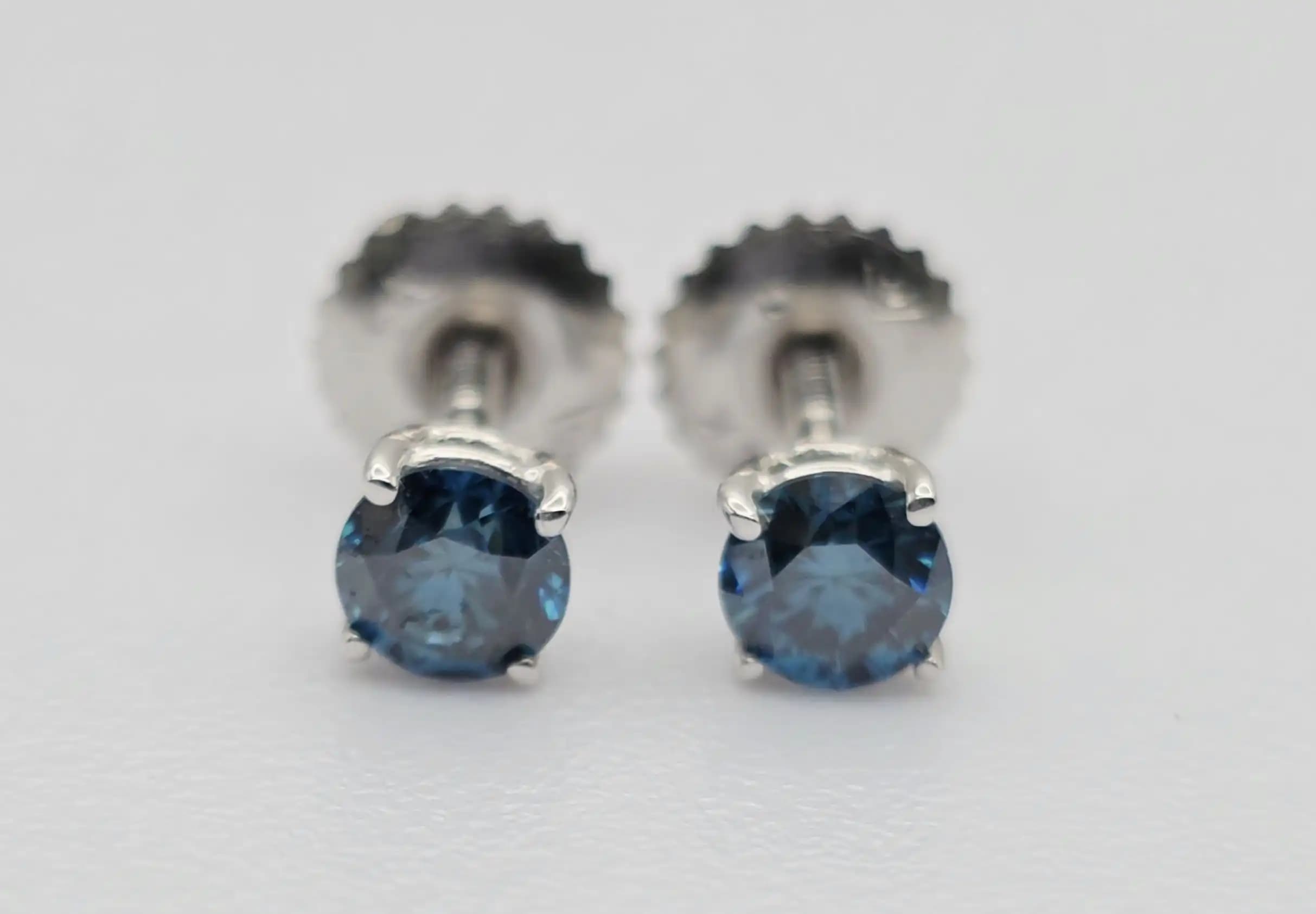 Blue Diamond Stud Earrings with Secure Screw Back