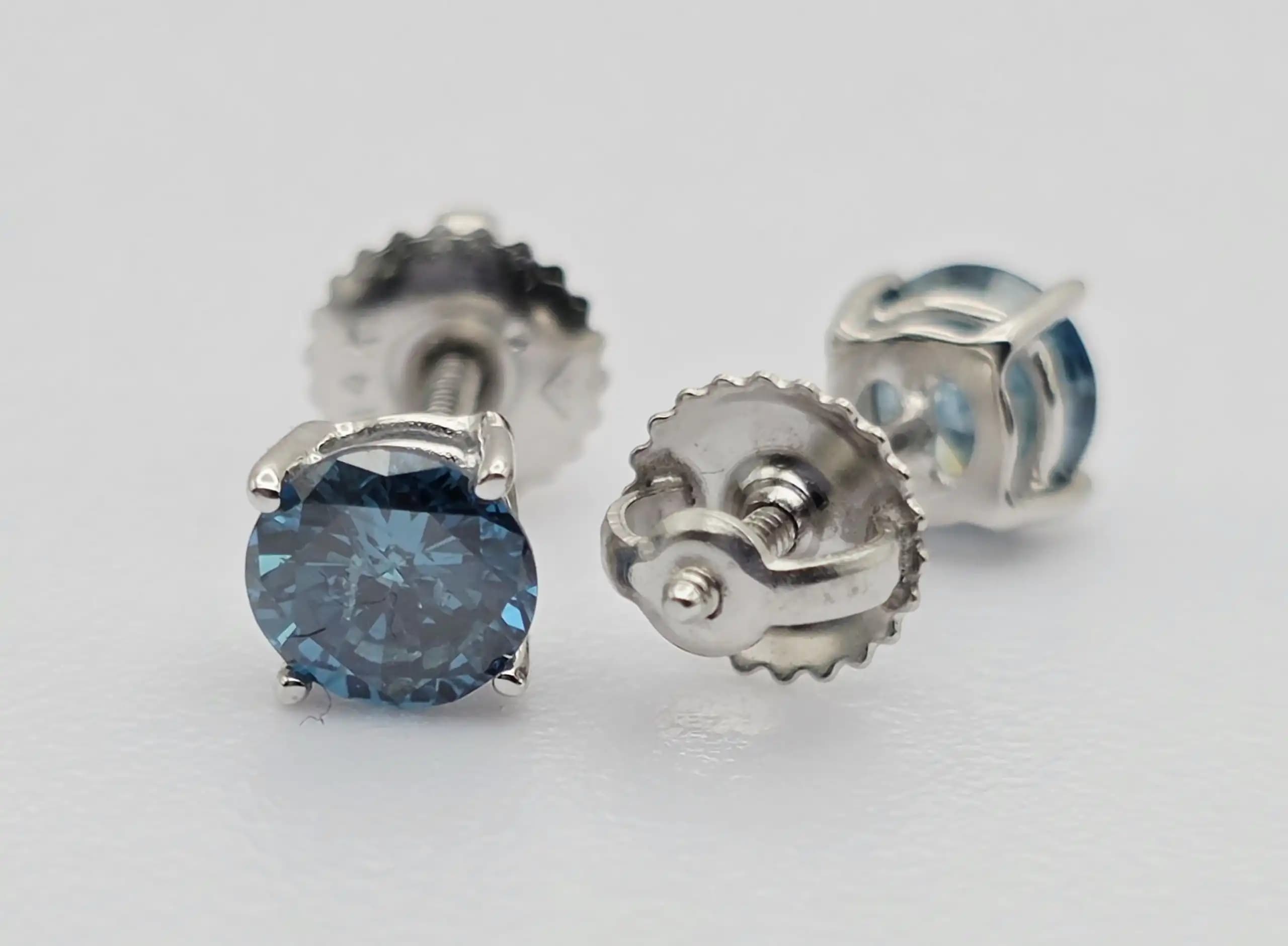 Blue Diamond Stud Earrings with Secure Screw Back