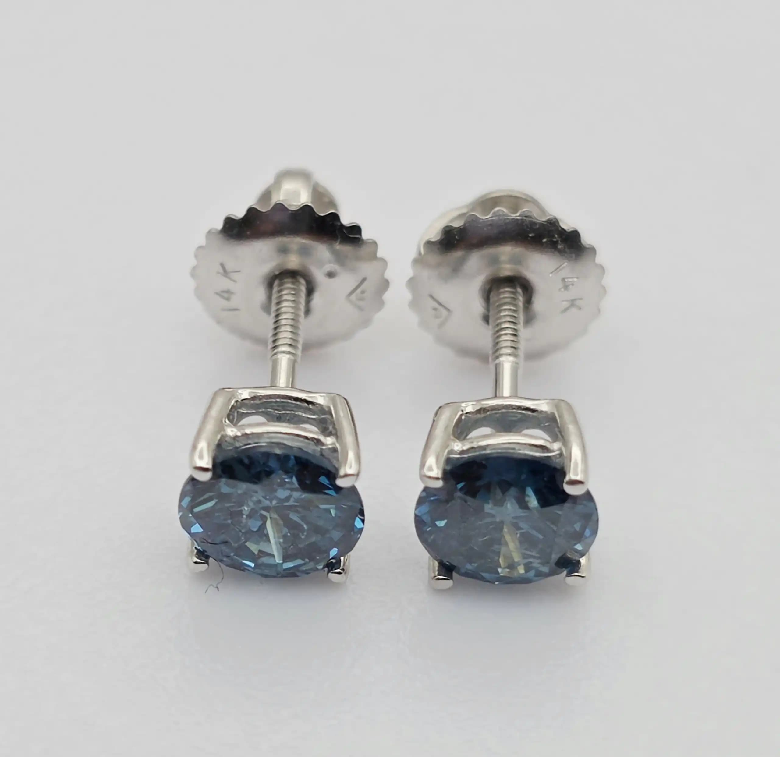 Blue Diamond Stud Earrings with Secure Screw Back