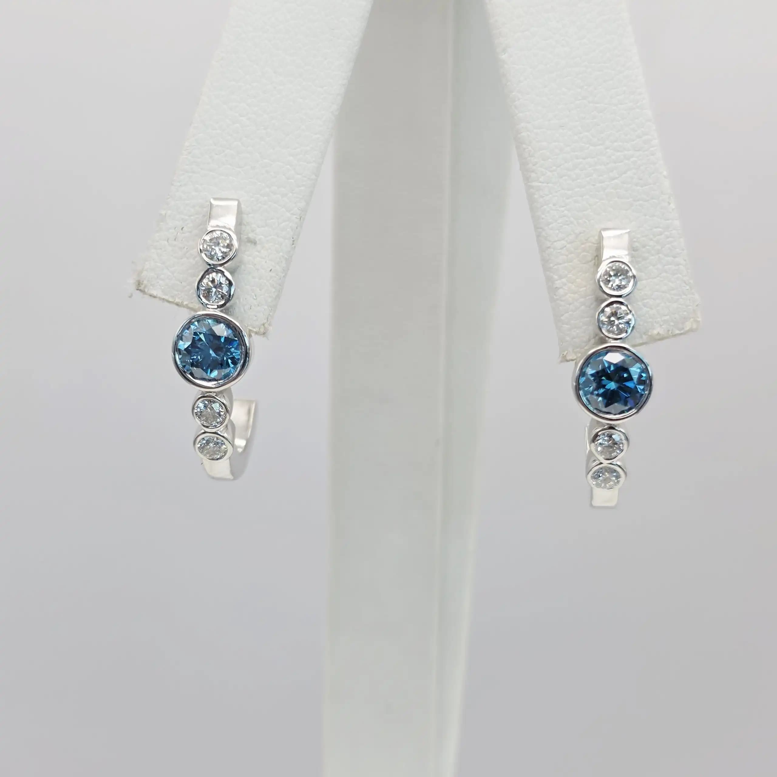 1.05 cts round natural blue diamond curved hoop earrings in 14K white gold