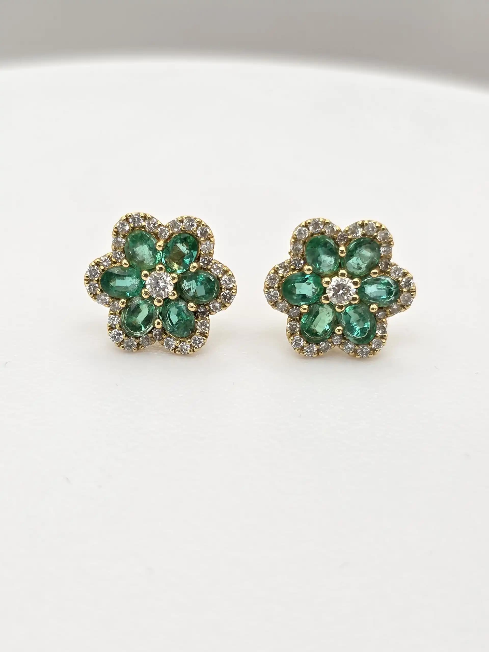 Emerald and Diamond Flower Cluster Earring with Pushback