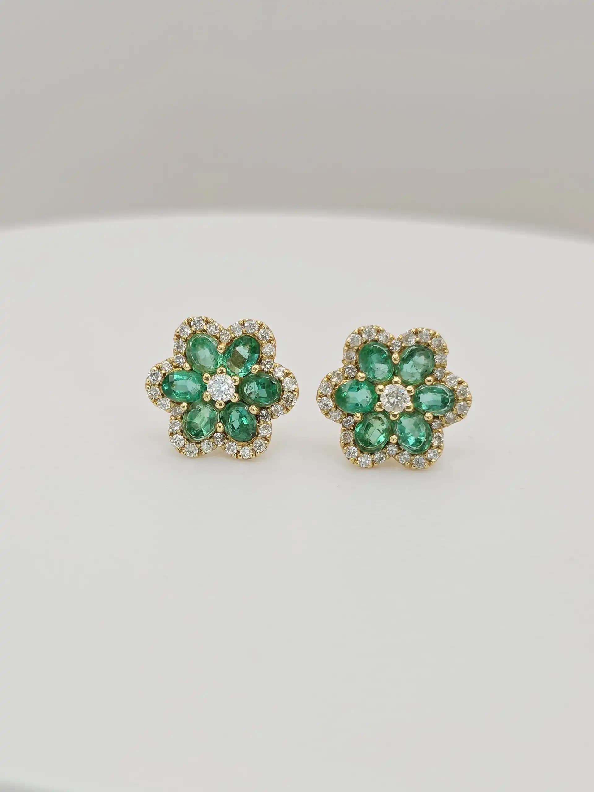 Emerald and Diamond Flower Cluster Earring with Pushback