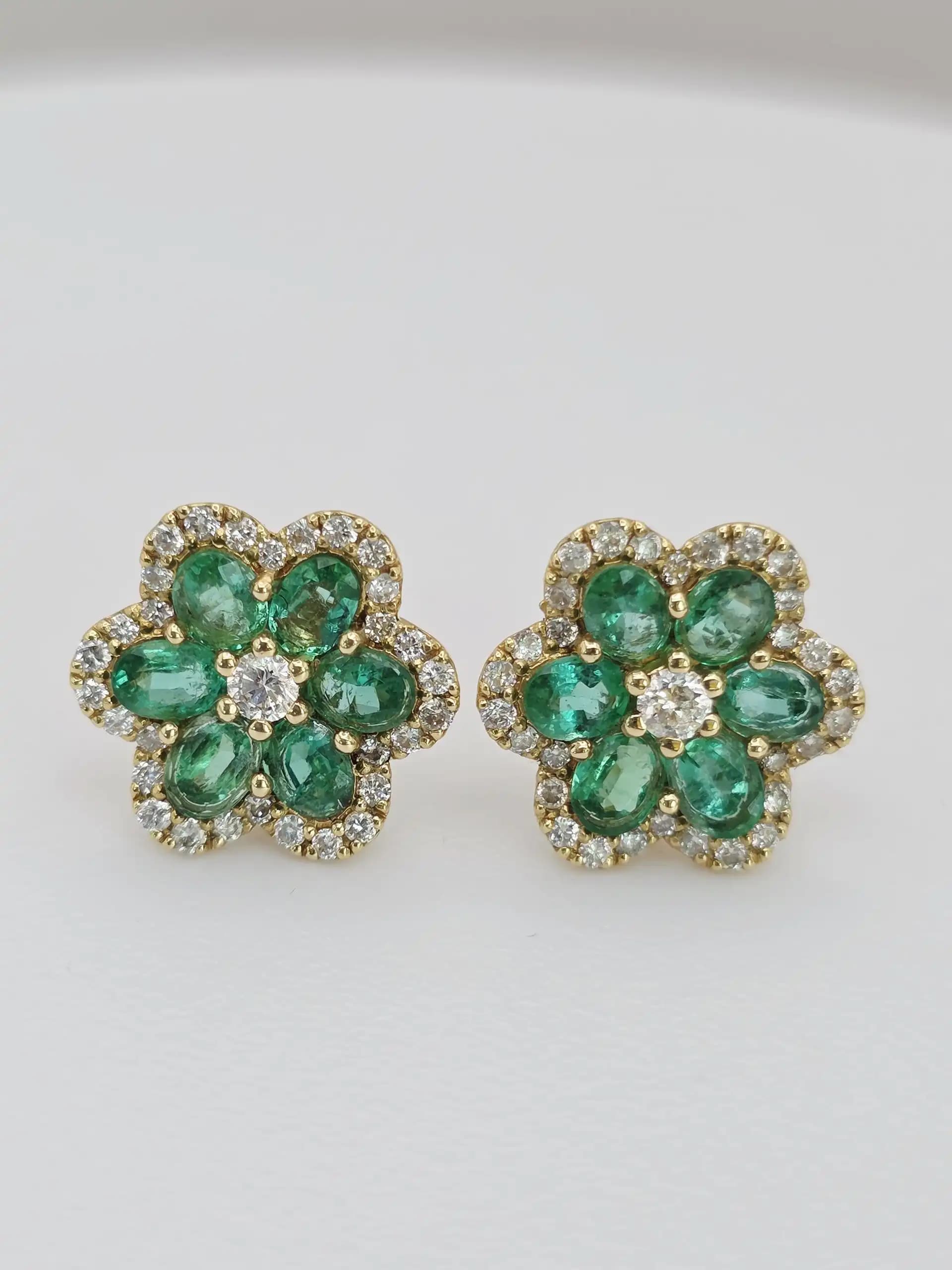 Emerald and Diamond Flower Cluster Earring with Pushback