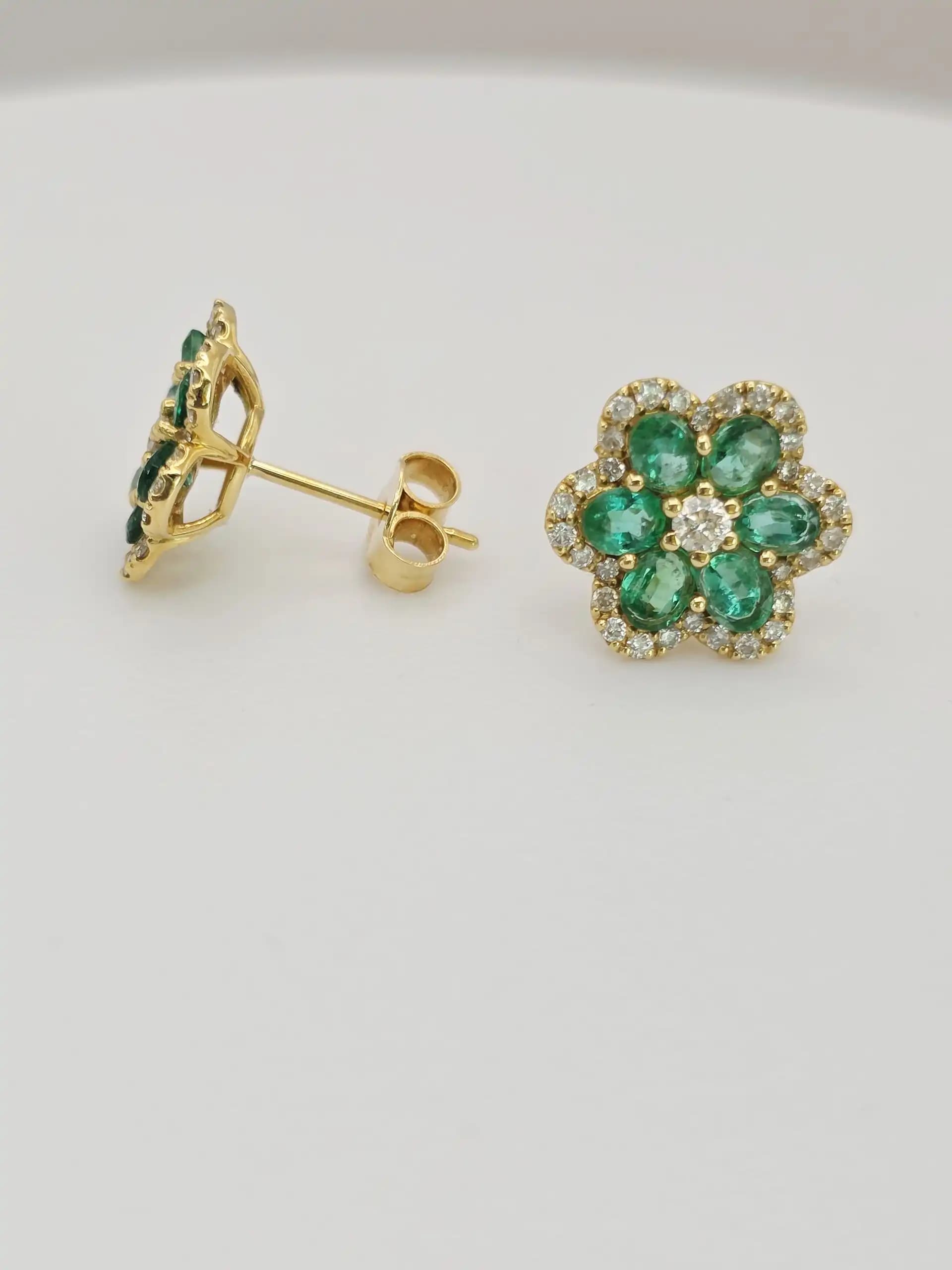 Emerald and Diamond Flower Cluster Earring with Pushback