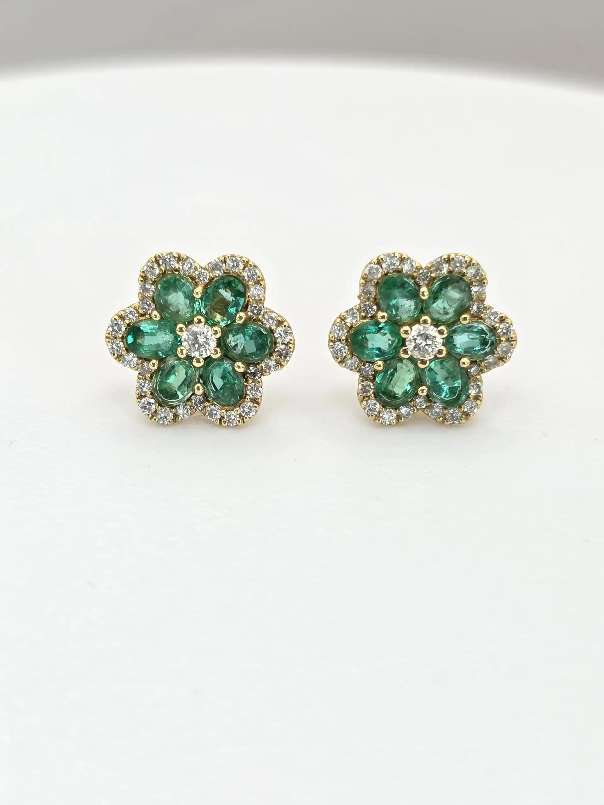 Emerald and Diamond Flower Cluster Earring with Pushback