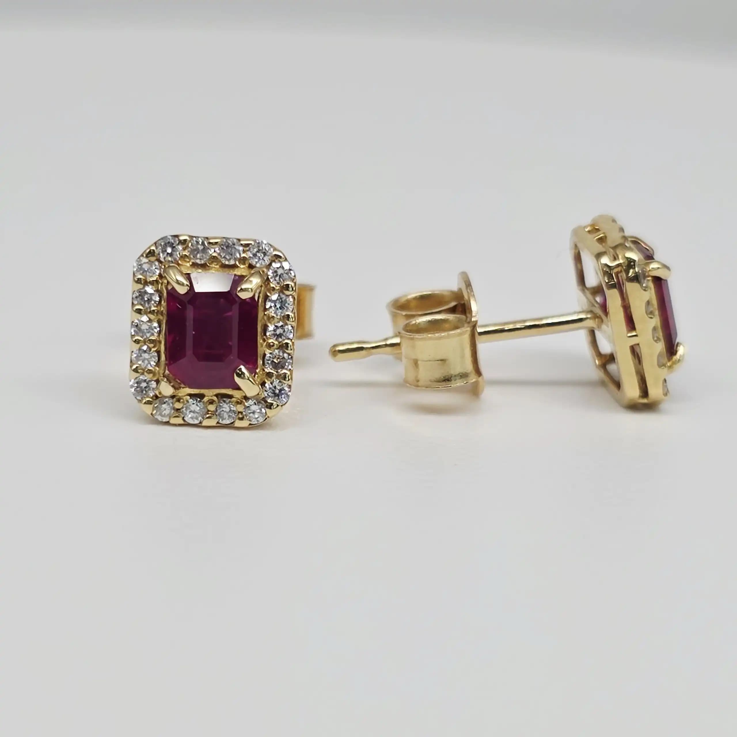 Ruby and Diamond Halo Stud Earrings with Pushback
