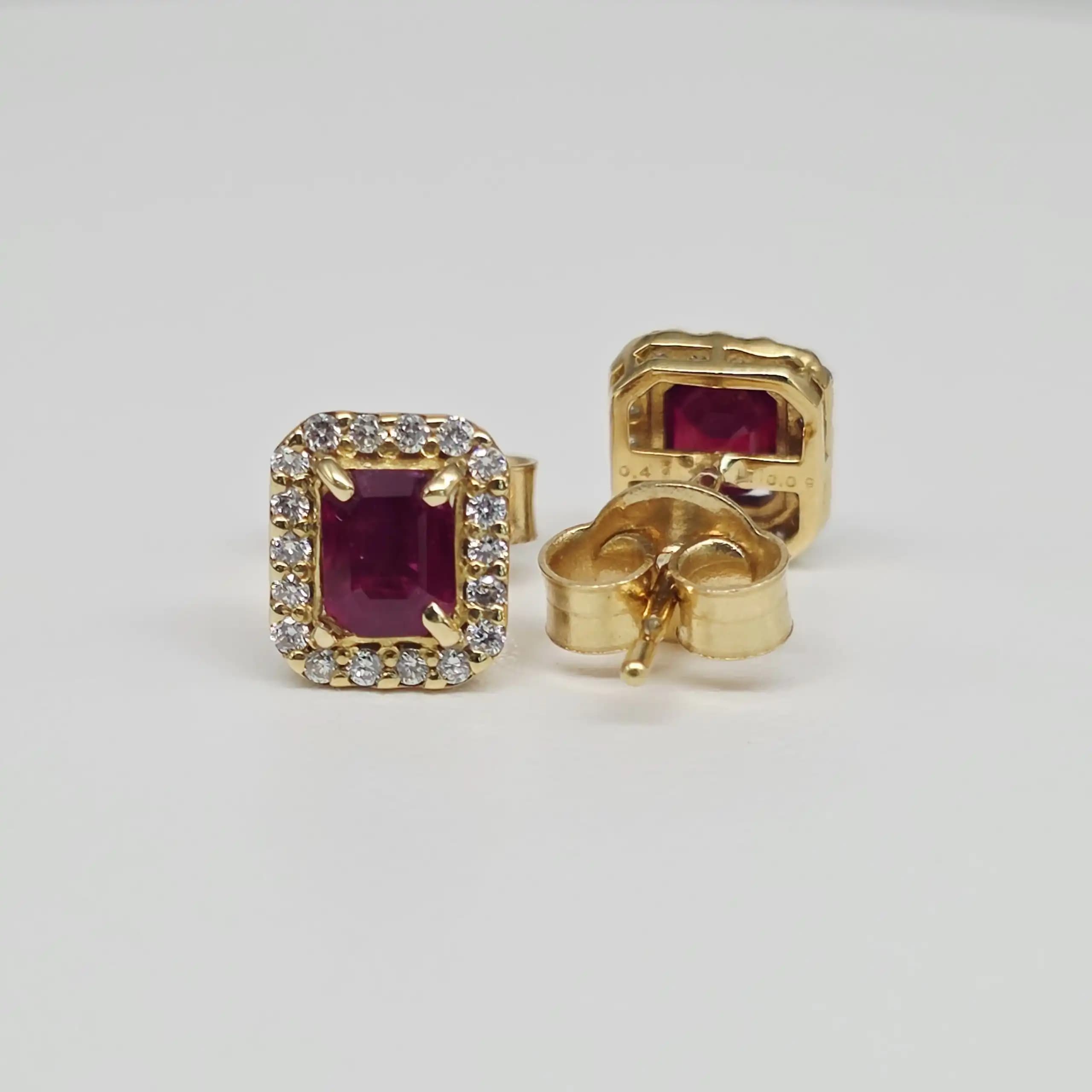 Ruby and Diamond Halo Stud Earrings with Pushback