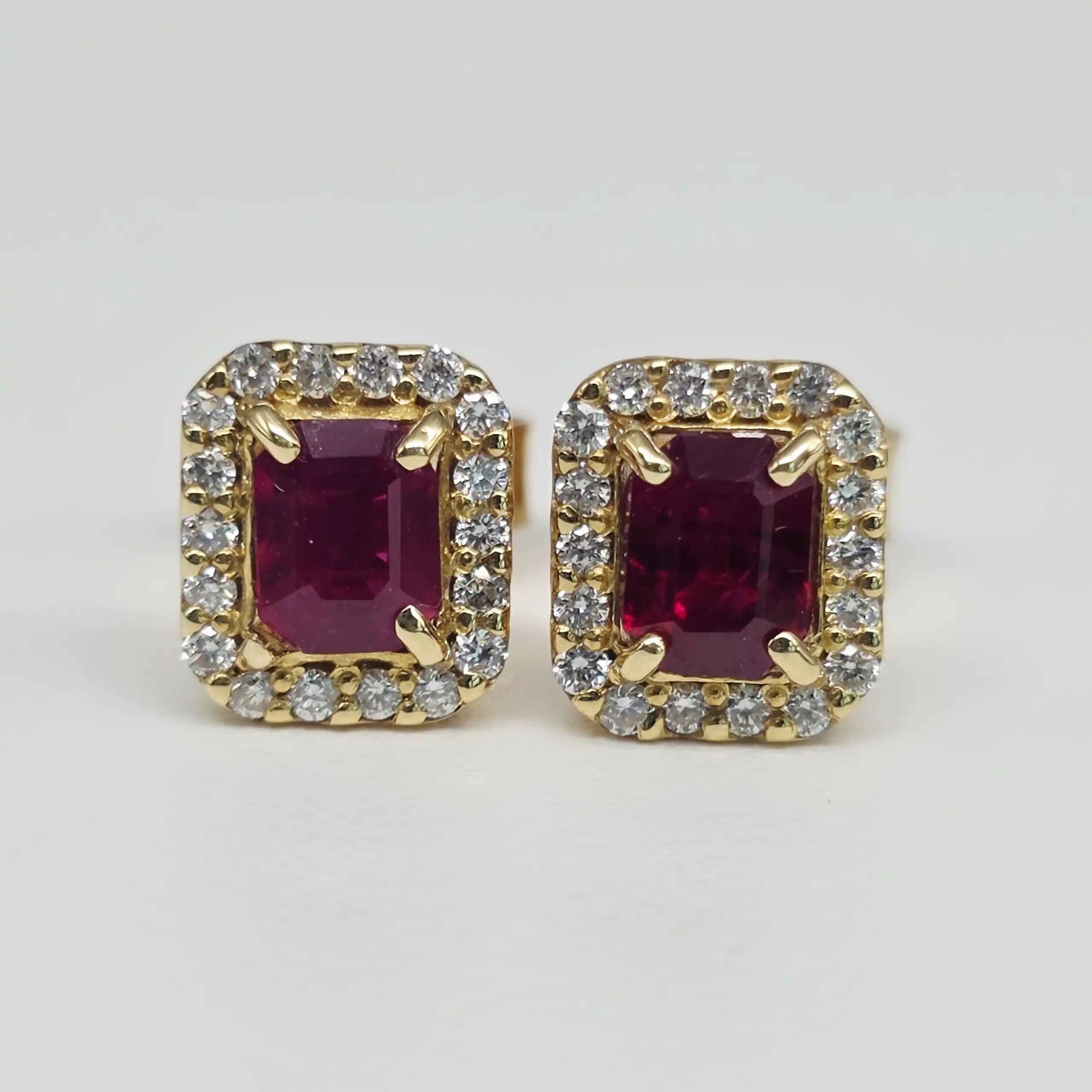 Ruby and Diamond Halo Stud Earrings with Pushback