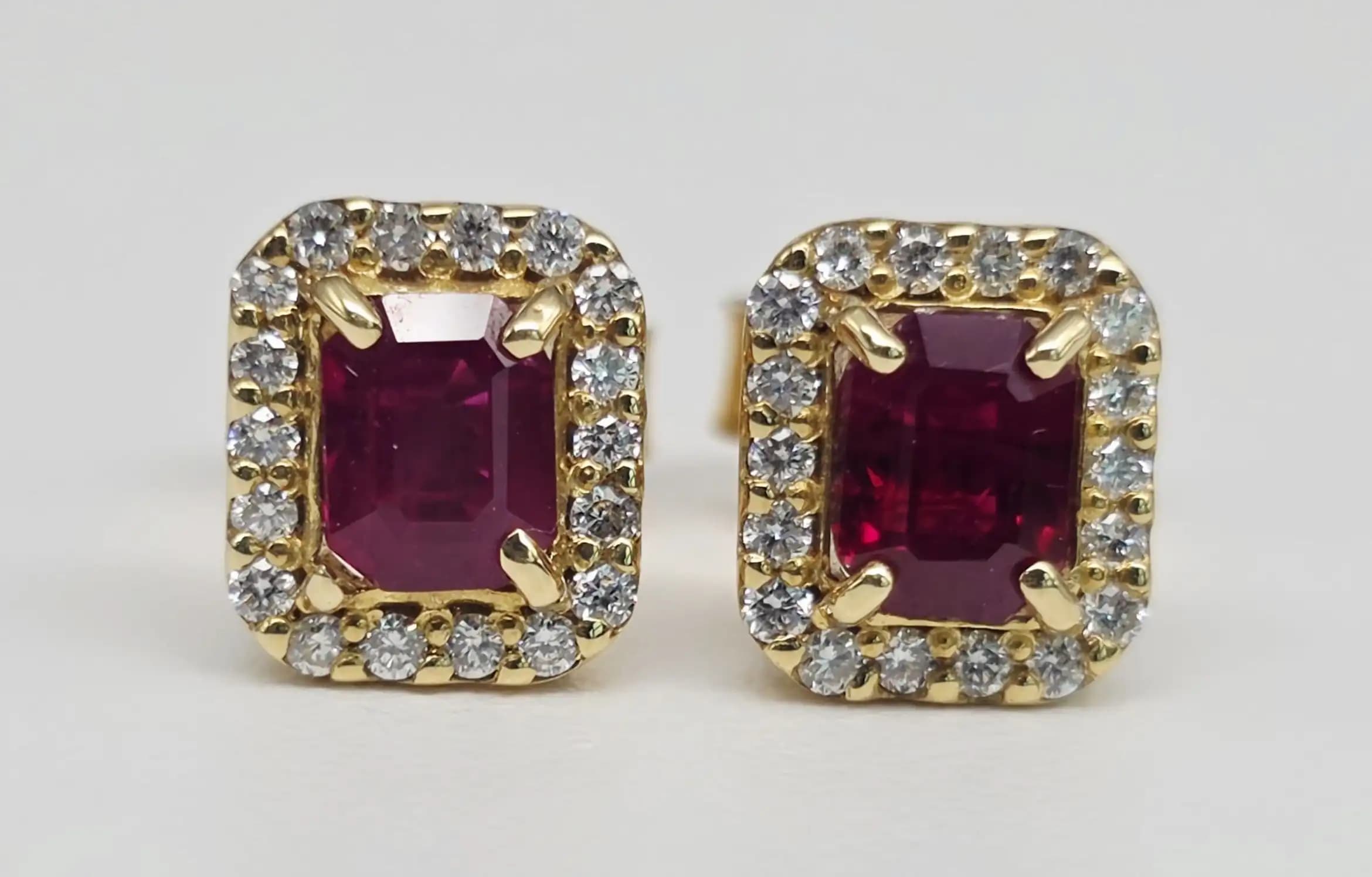 Ruby and Diamond Halo Stud Earrings with Pushback