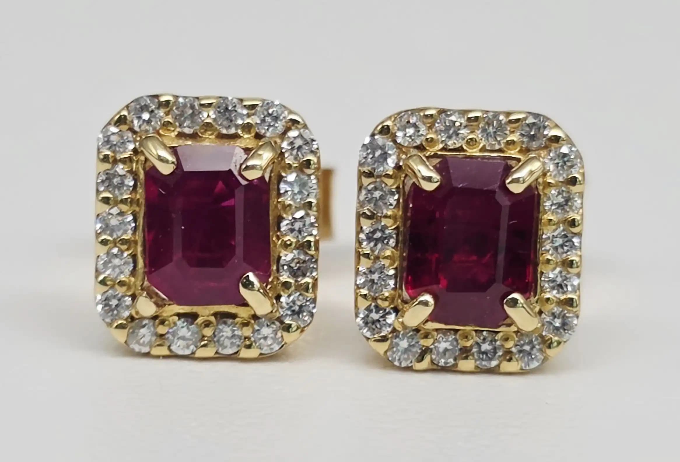 Ruby and Diamond Halo Stud Earrings with Pushback