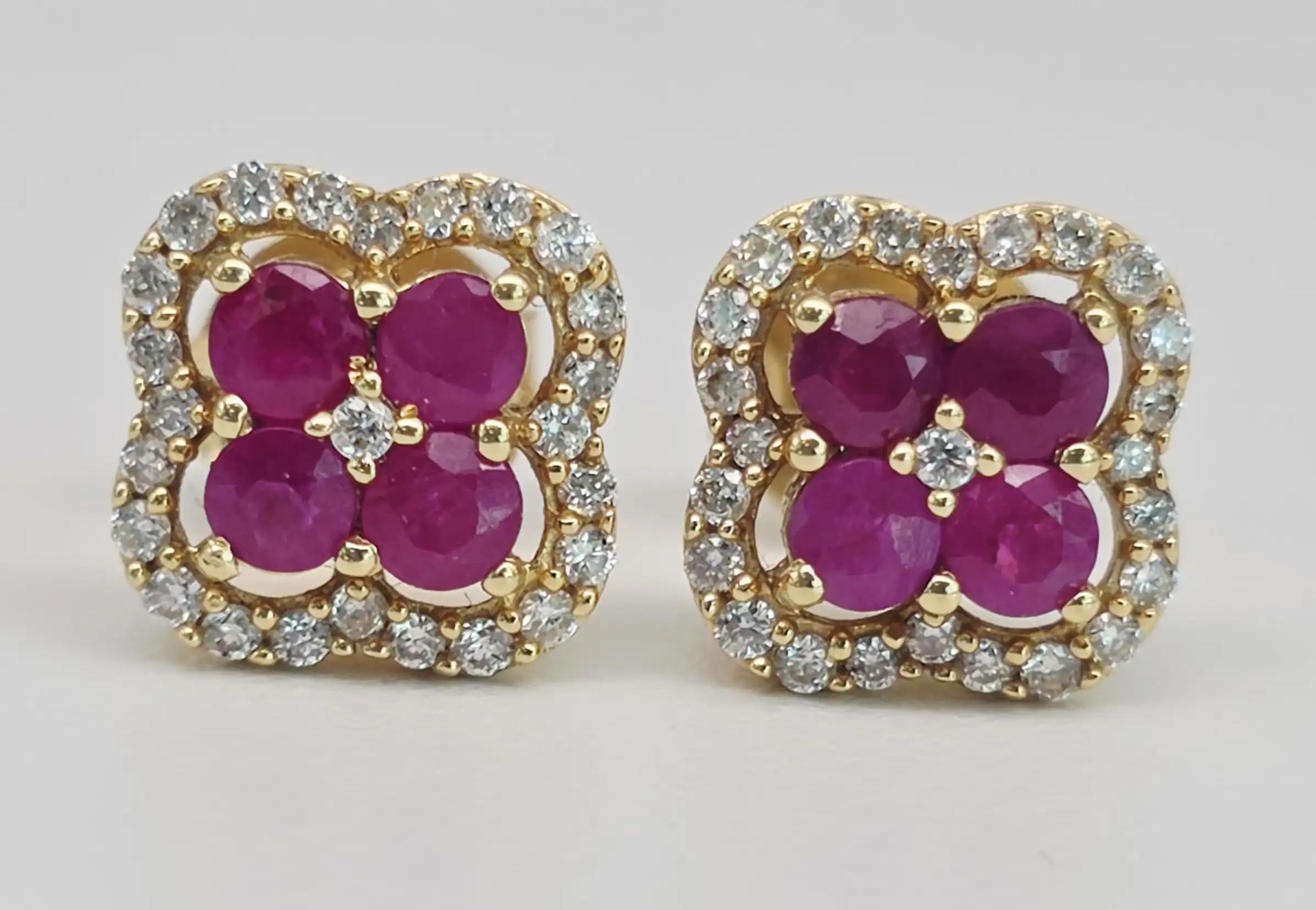 Ruby and Diamond Quatrefoil Clover Stud Earrings with Push back