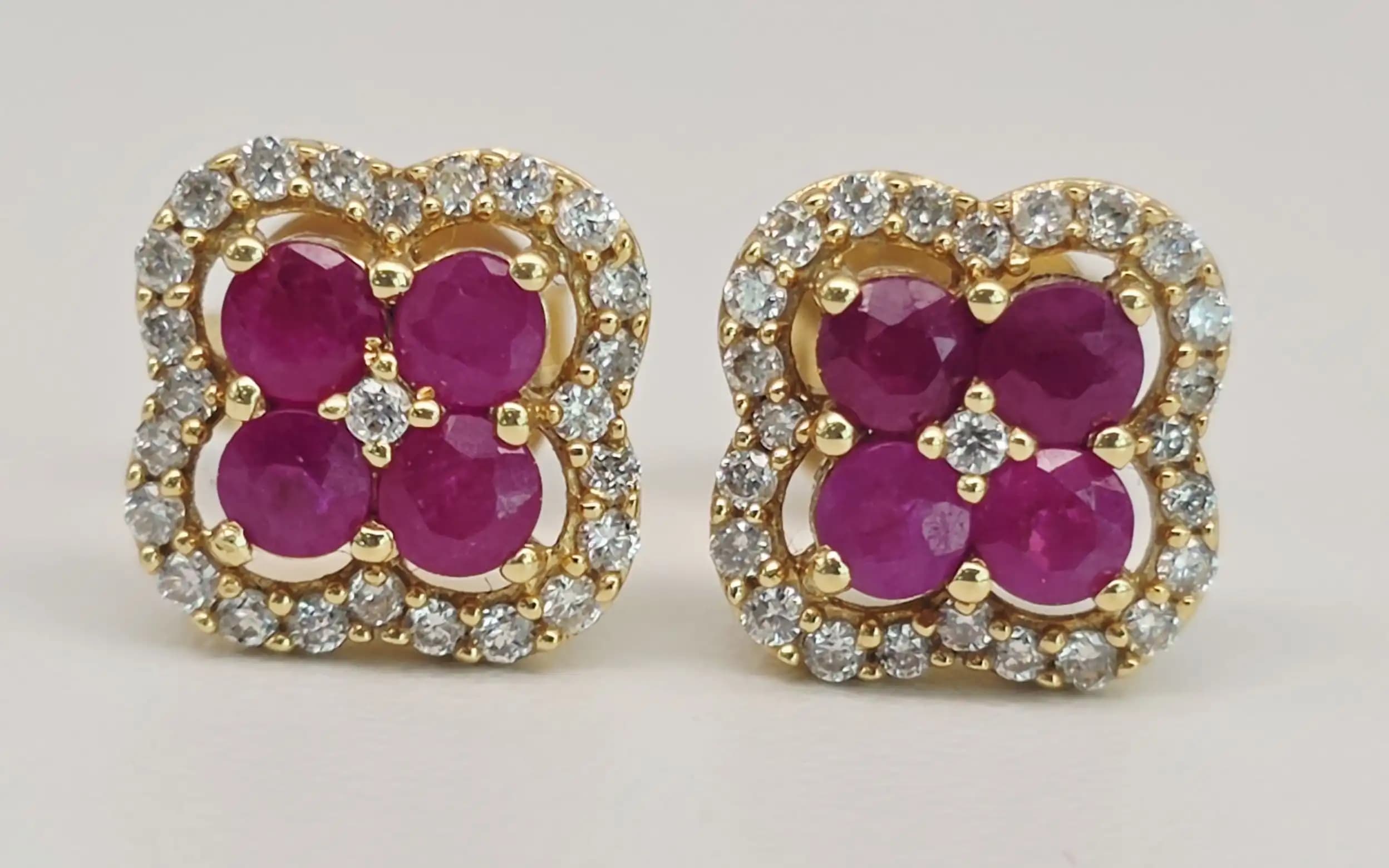 Ruby and Diamond Quatrefoil Clover Stud Earrings with Push back