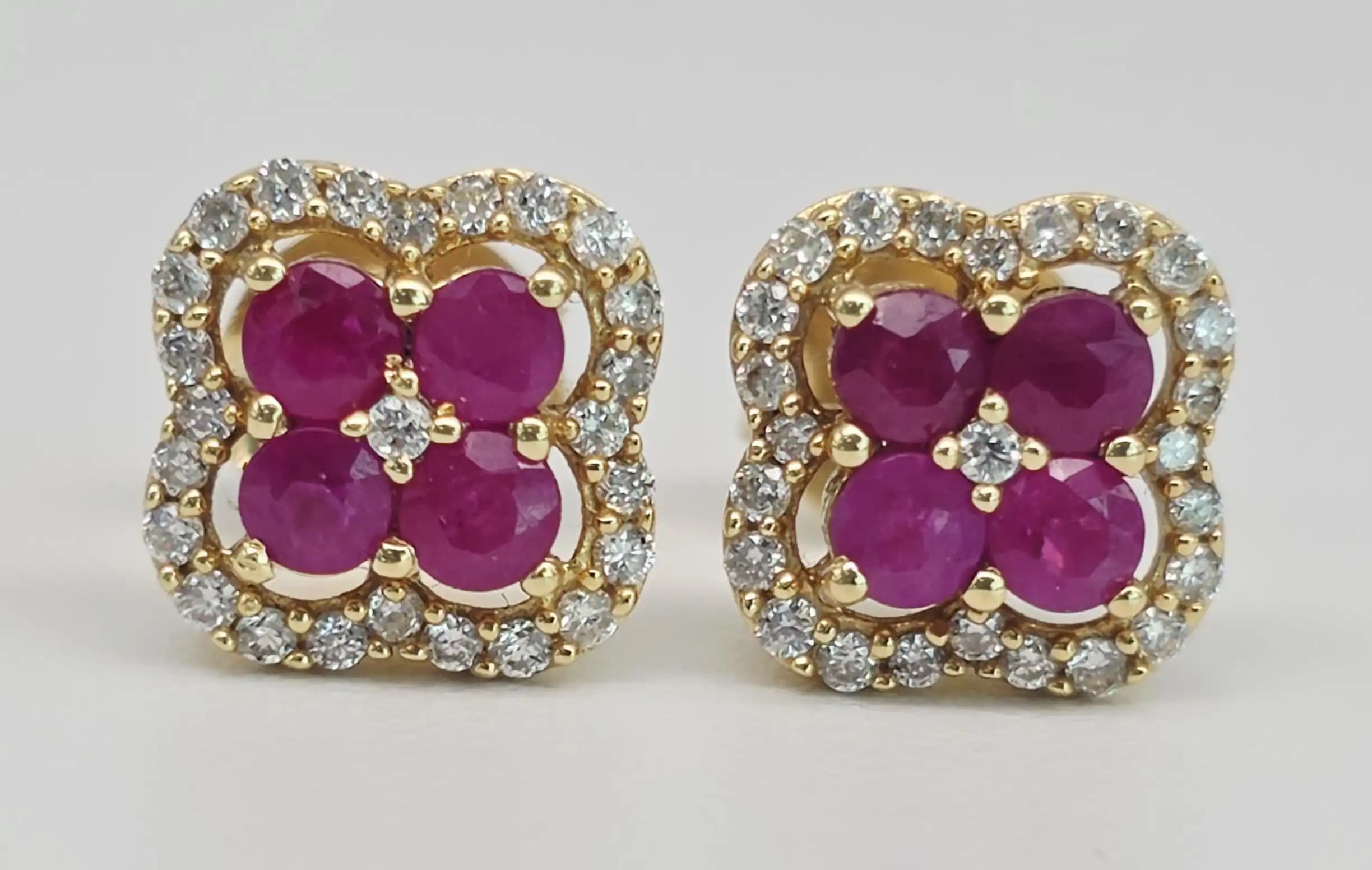 Ruby and Diamond Quatrefoil Clover Stud Earrings with Push back