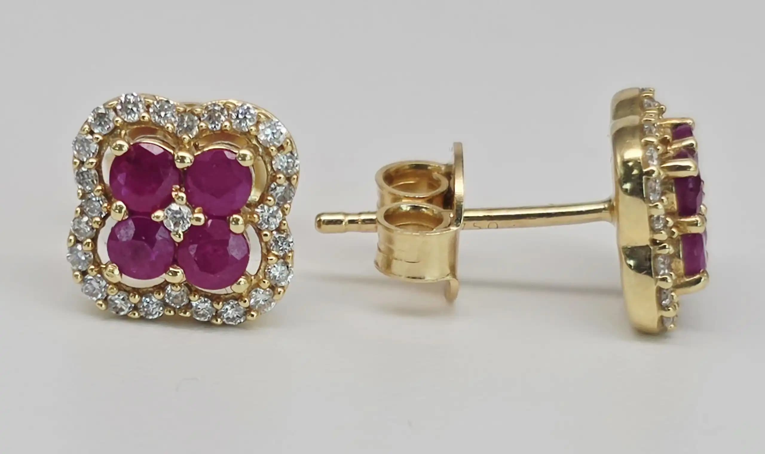 Ruby and Diamond Quatrefoil Clover Stud Earrings with Push back
