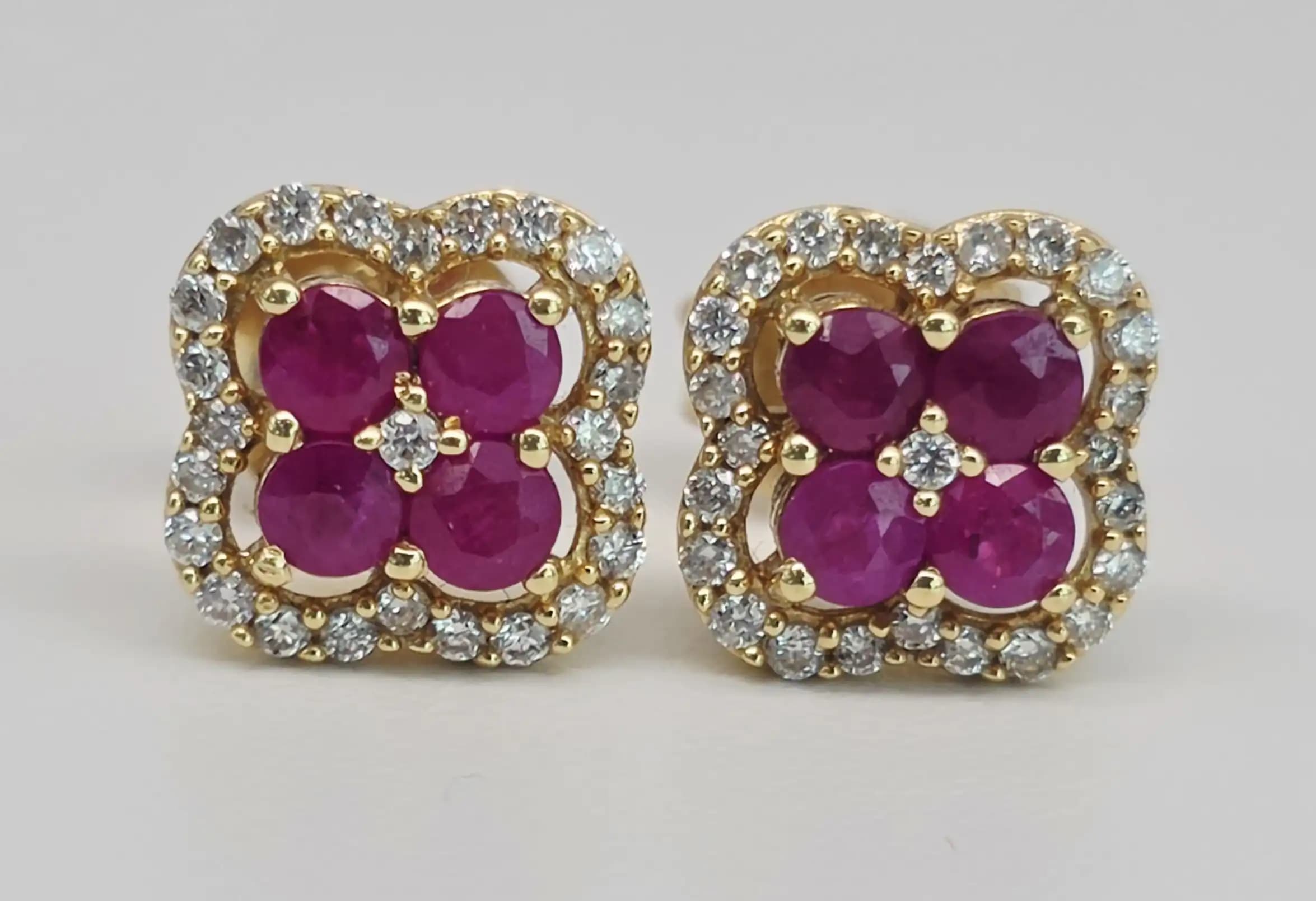 Ruby and Diamond Quatrefoil Clover Stud Earrings with Push back