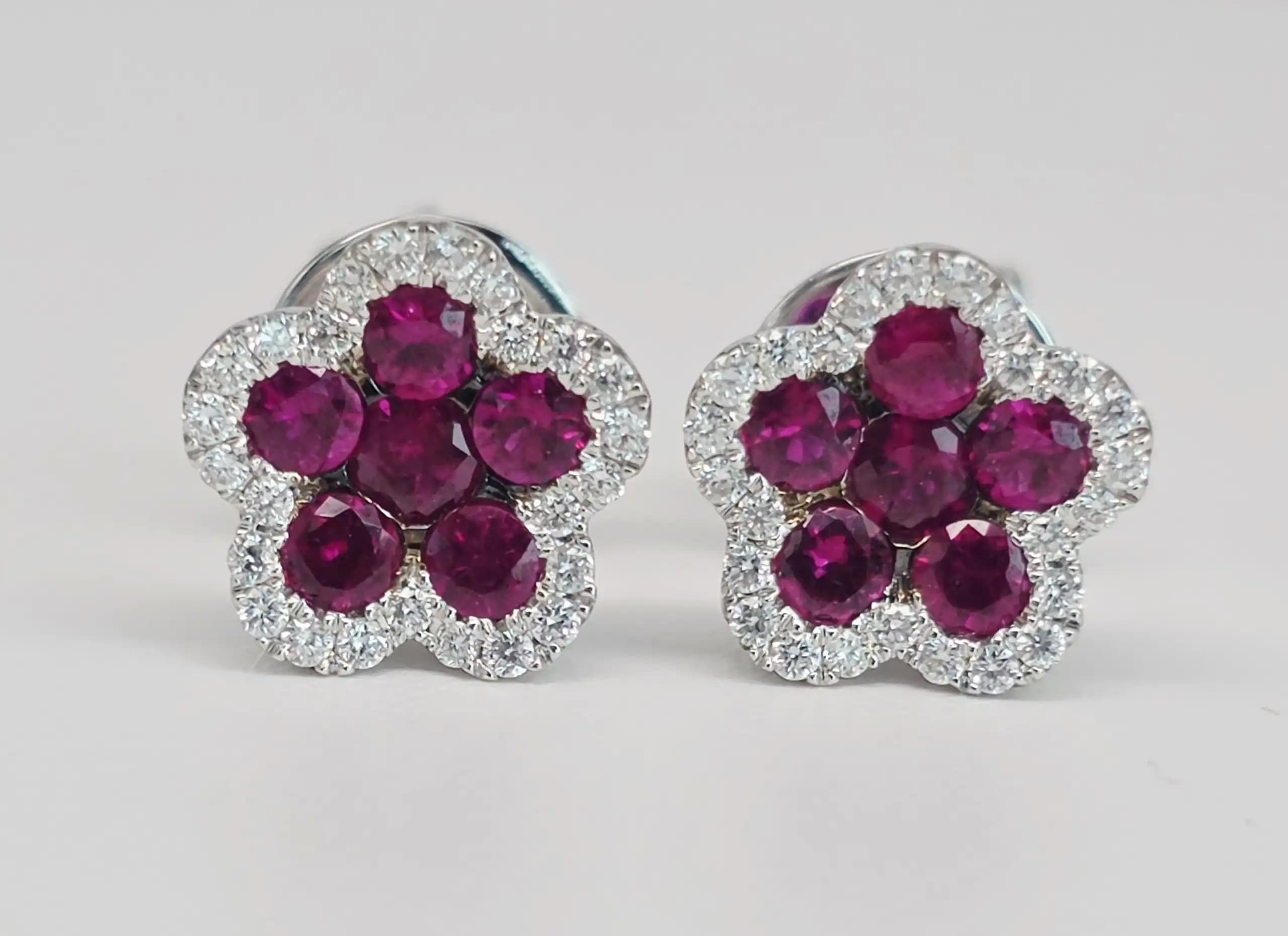 Ruby and Diamond Flower Cluster Earring with Pushback