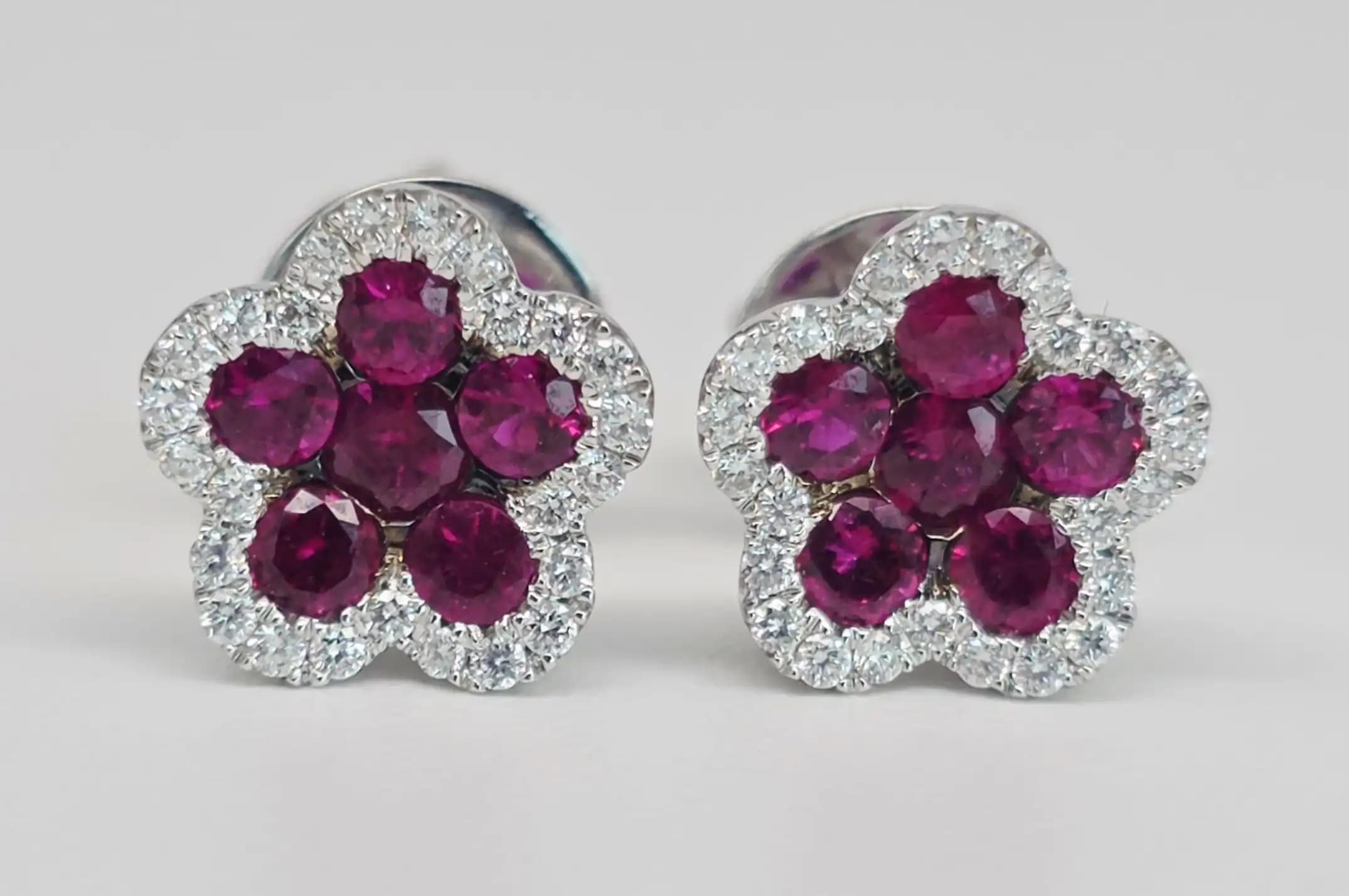 Ruby and Diamond Flower Cluster Earring with Pushback