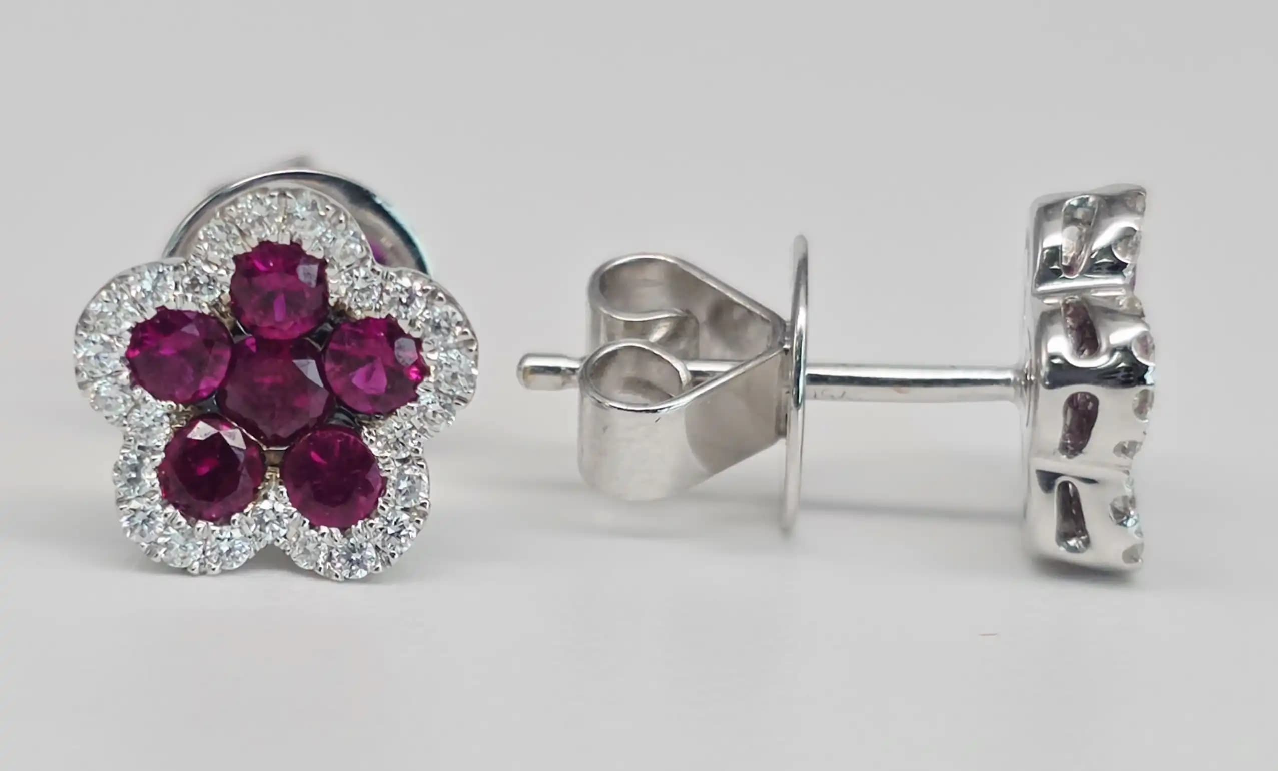 Ruby and Diamond Flower Cluster Earring with Pushback