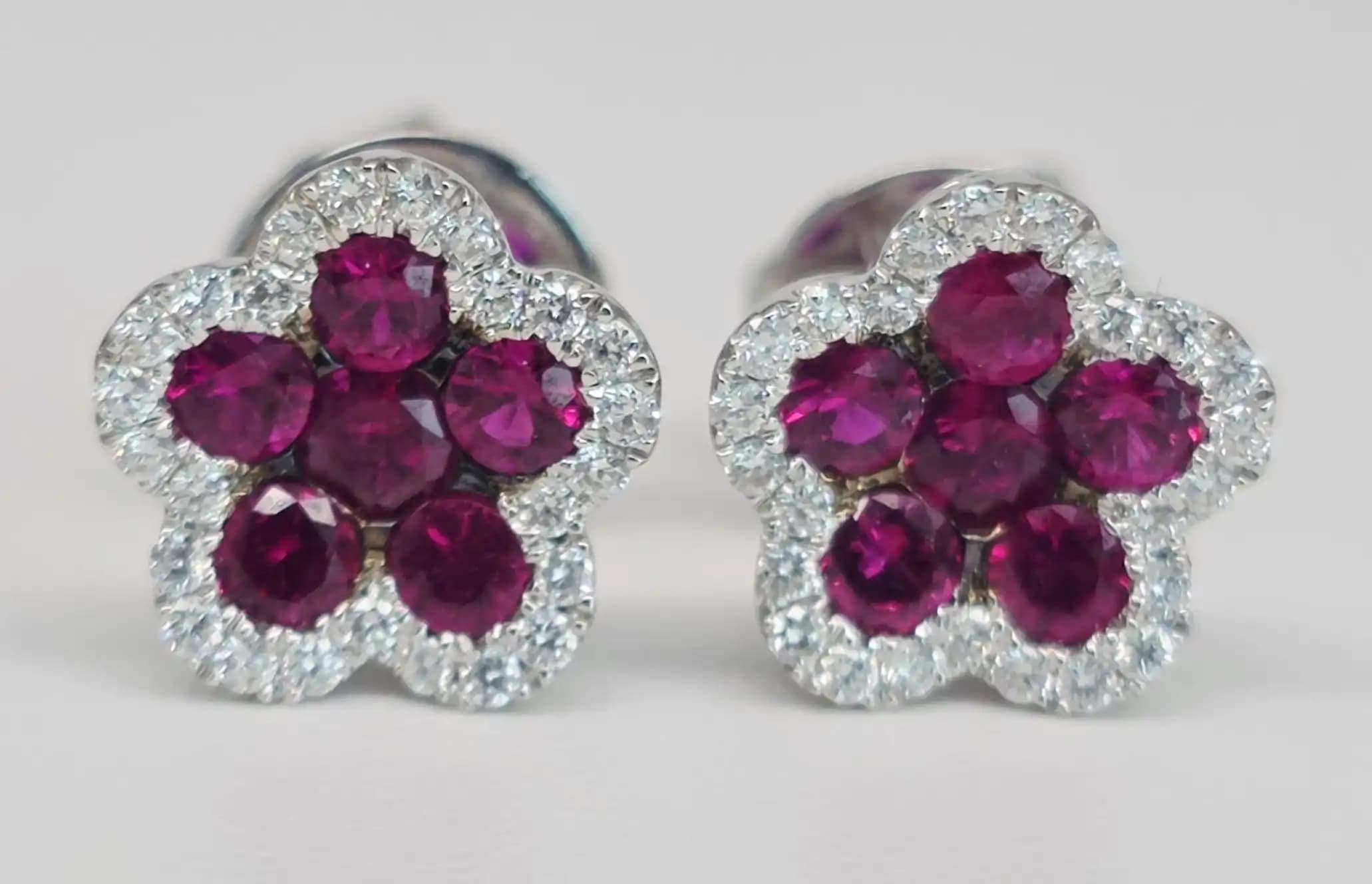 Ruby and Diamond Flower Cluster Earring with Pushback