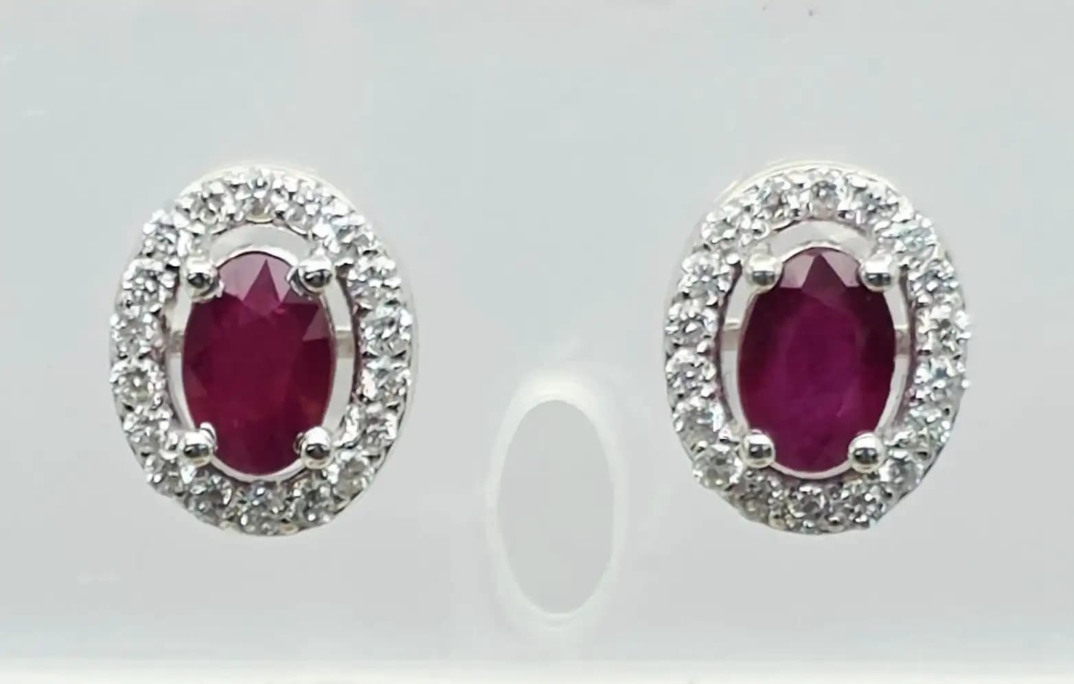 Oval Ruby and Diamond Halo Stud Earring with Pushback