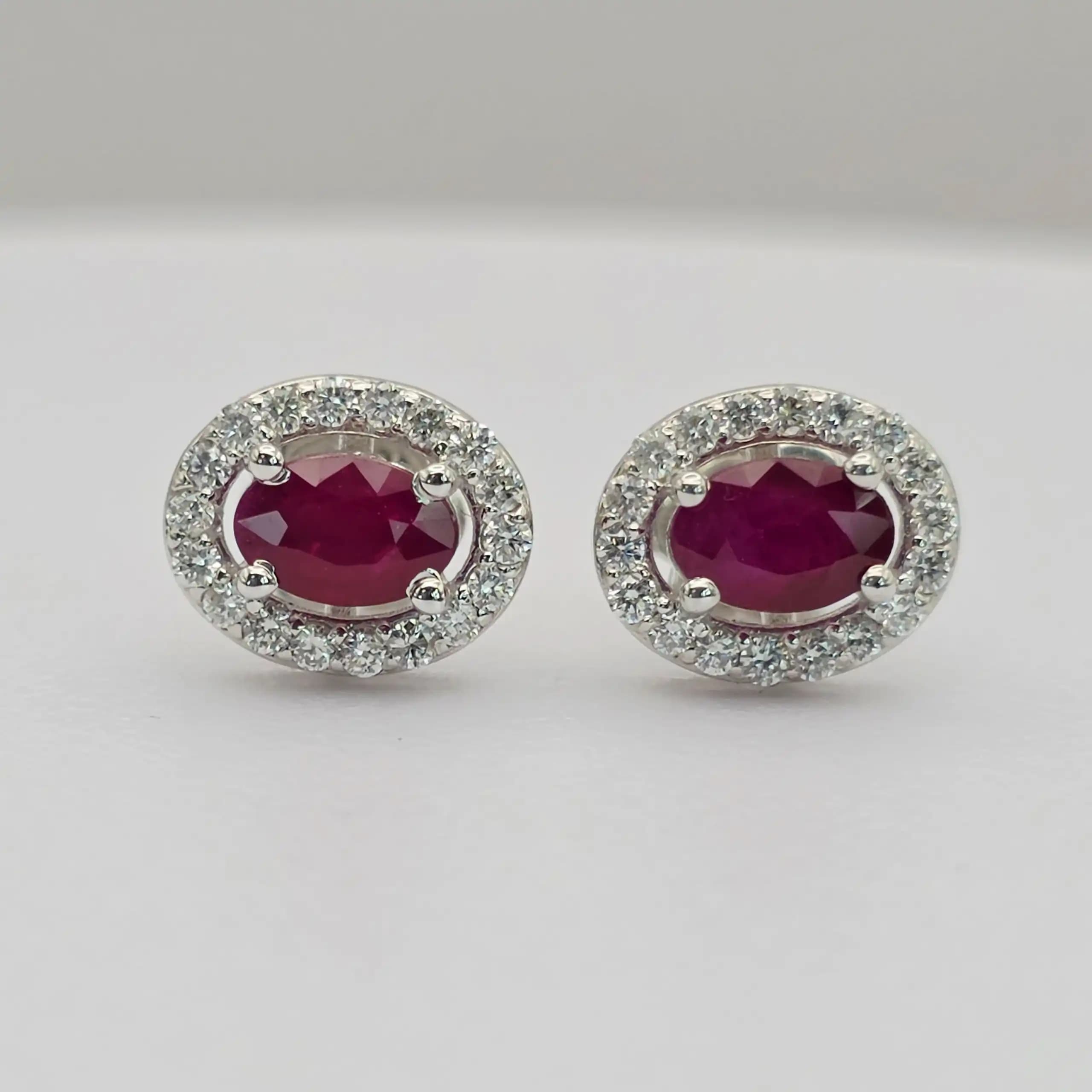 Oval Ruby and Diamond Halo Stud Earring with Pushback