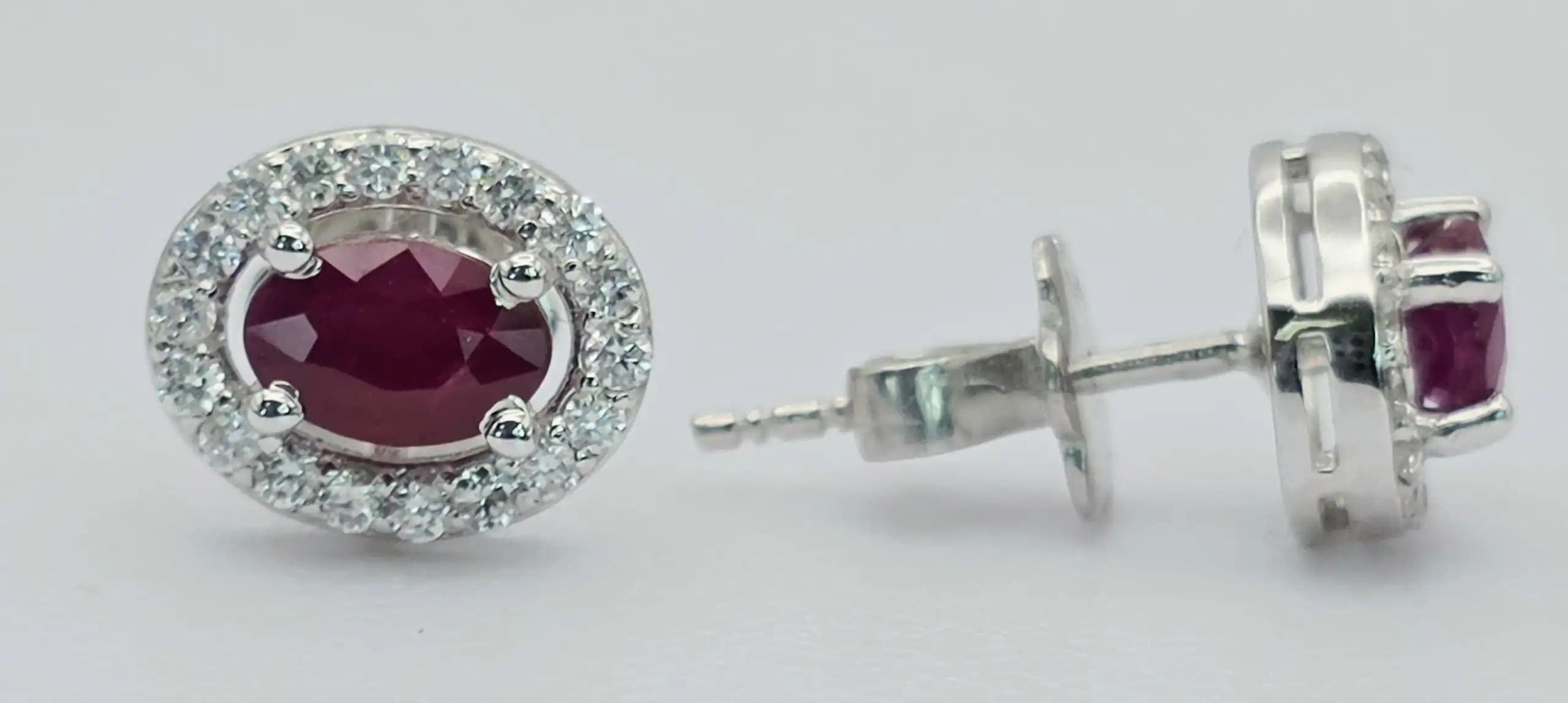 Oval Ruby and Diamond Halo Stud Earring with Pushback