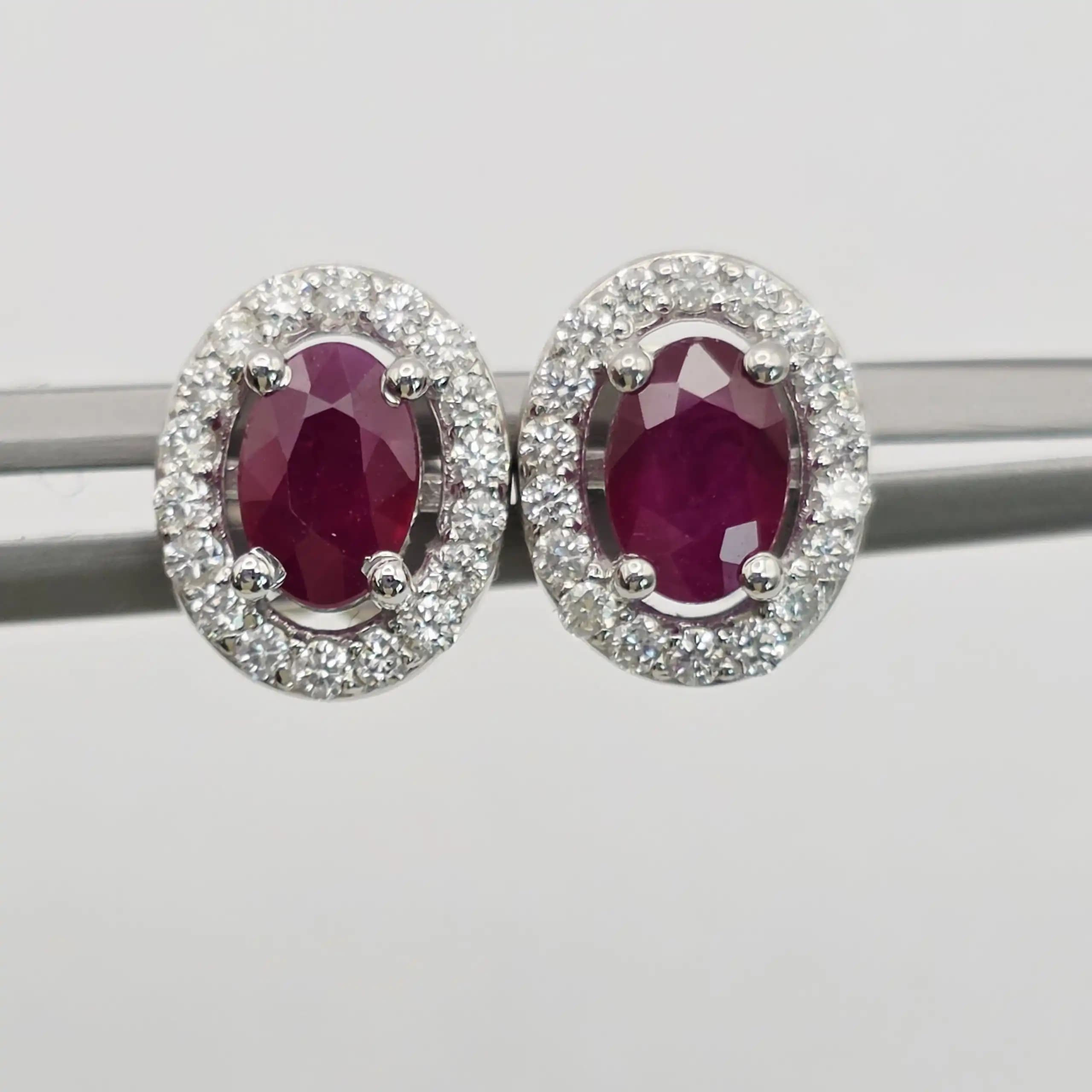 Oval Ruby and Diamond Halo Stud Earring with Pushback