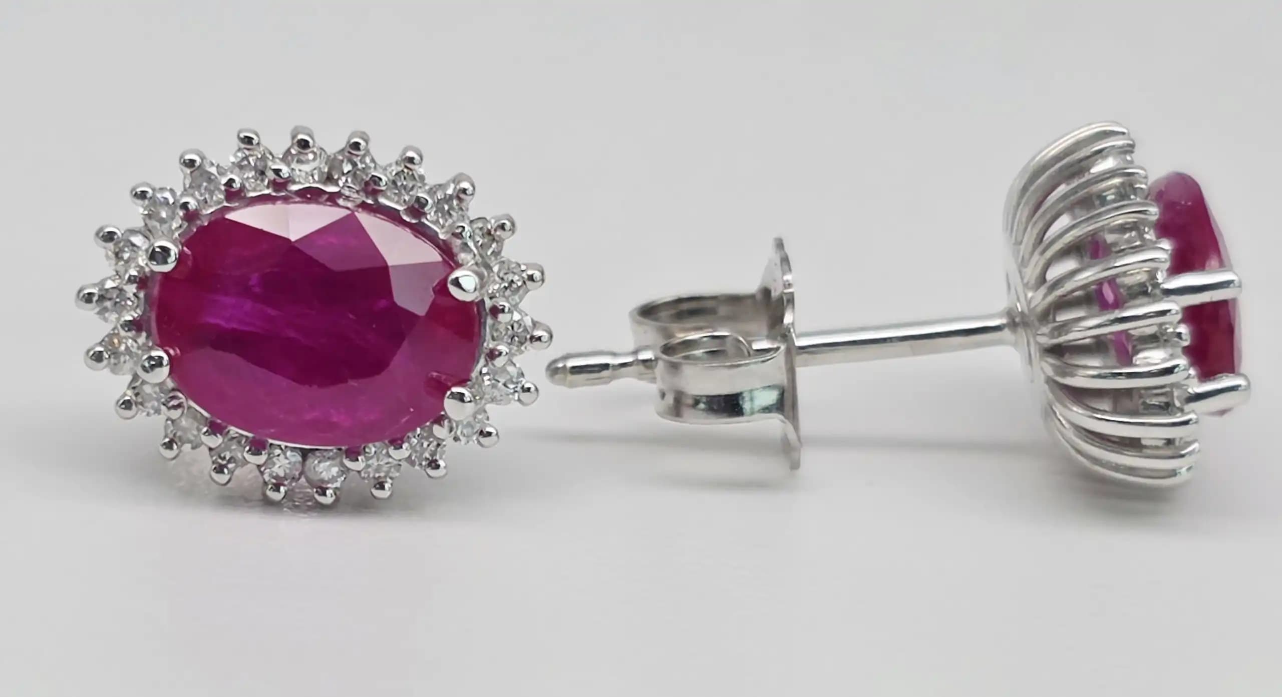 Ruby and Diamond Halo Stud Earrings with Pushback