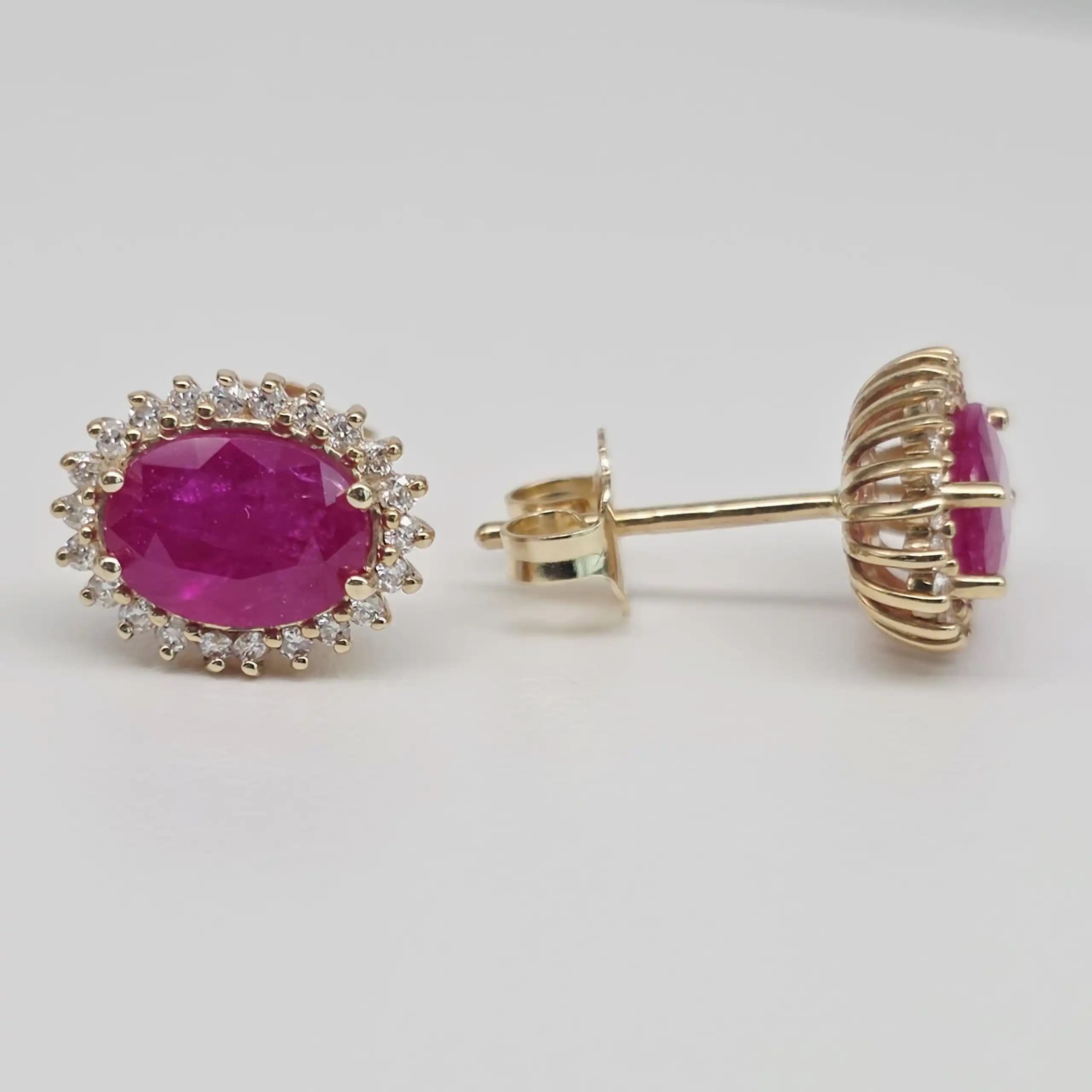 Ruby and Diamond Halo Stud Earrings with Pushback