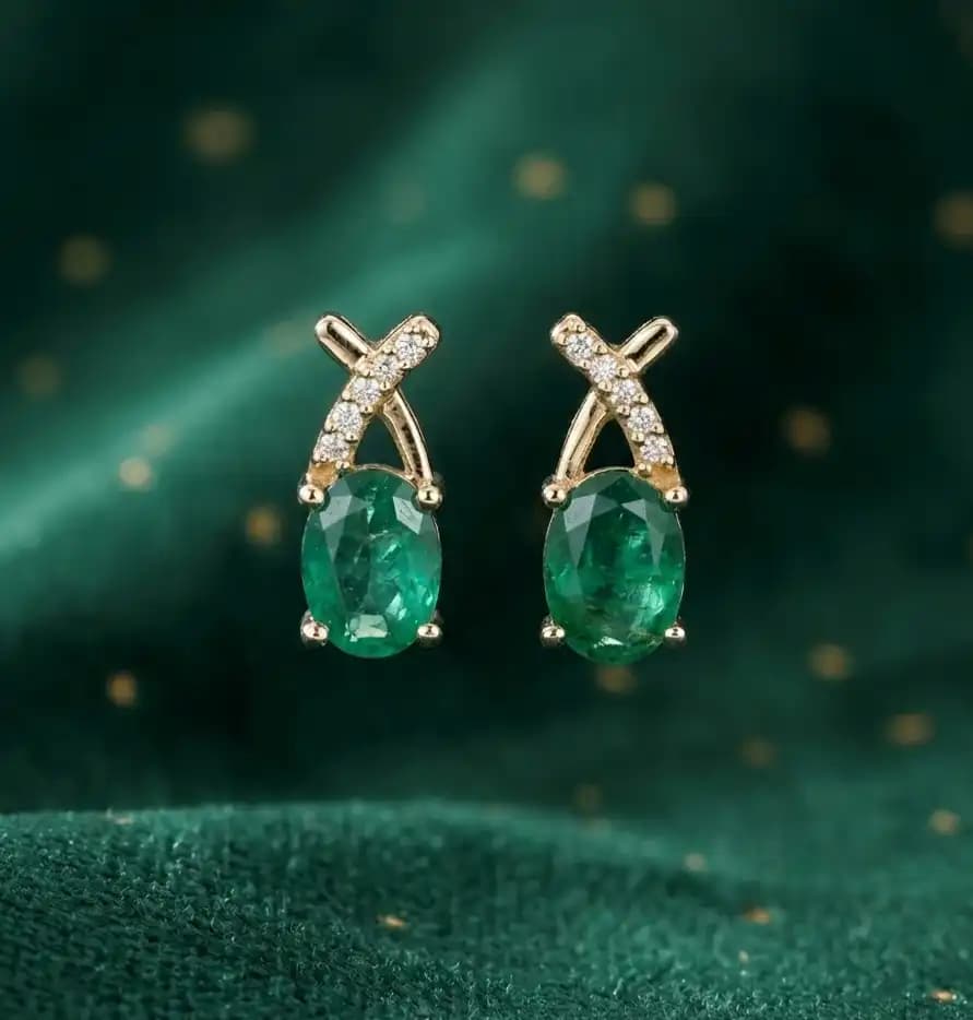 14K Gold Oval Shape Natural Emerald Stud Earrings with Diamond Accents
